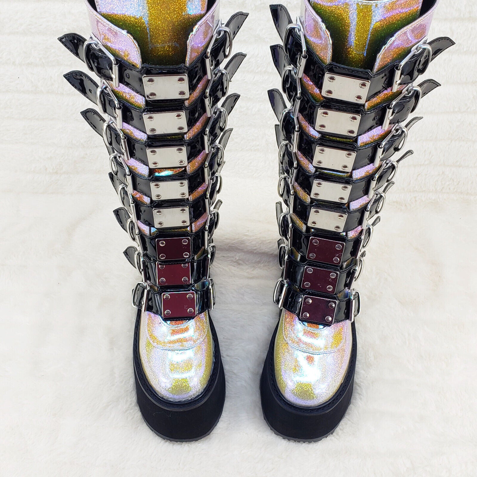 Damned 318 Multi Strap 3.5" Platform Cyber Punk Knee Boots Pink Hologram  NY - Totally Wicked Footwear