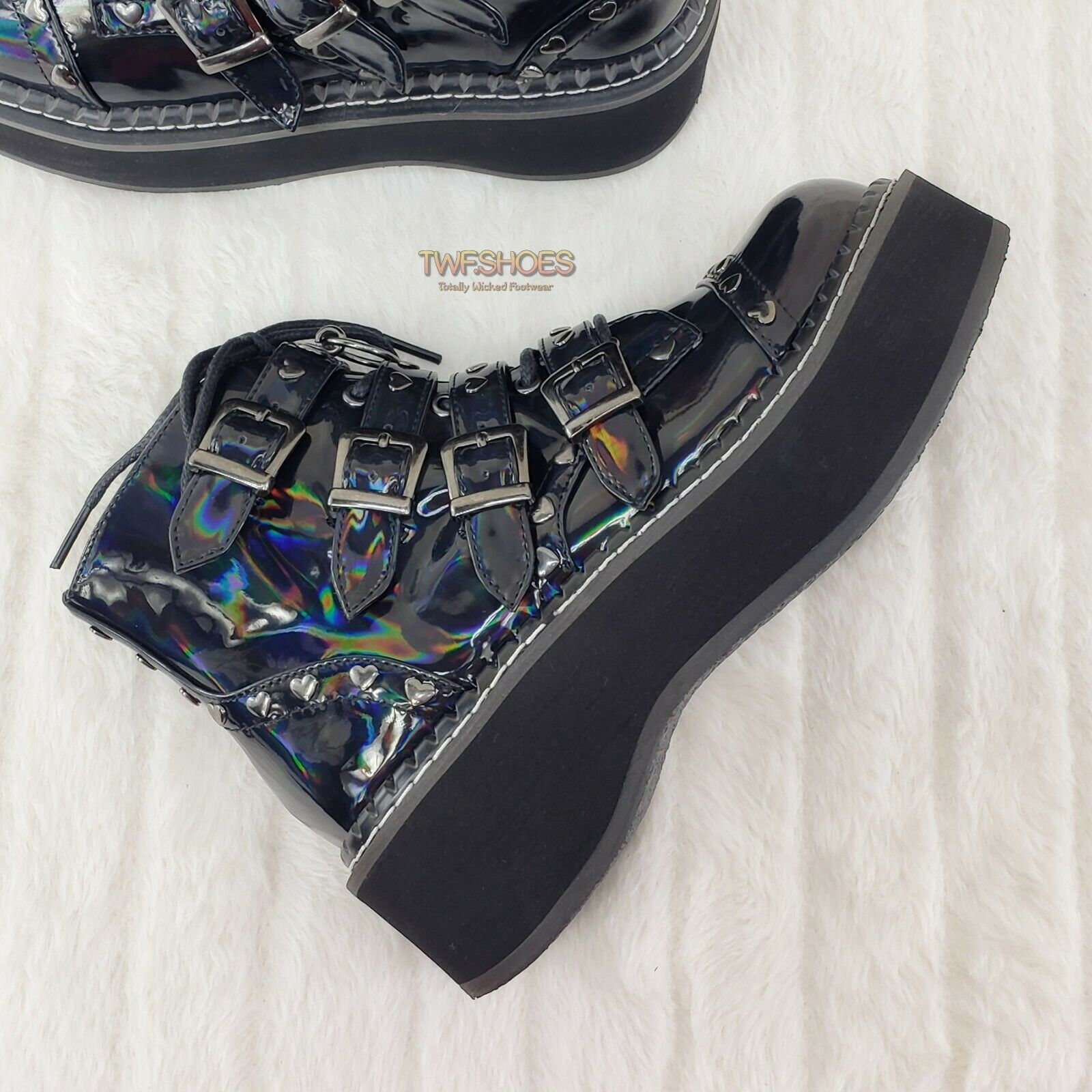 Demonia Emily 315 Black Holo Patent Heart Stud 2" Platform Ankle Boot Shoes NY - Totally Wicked Footwear