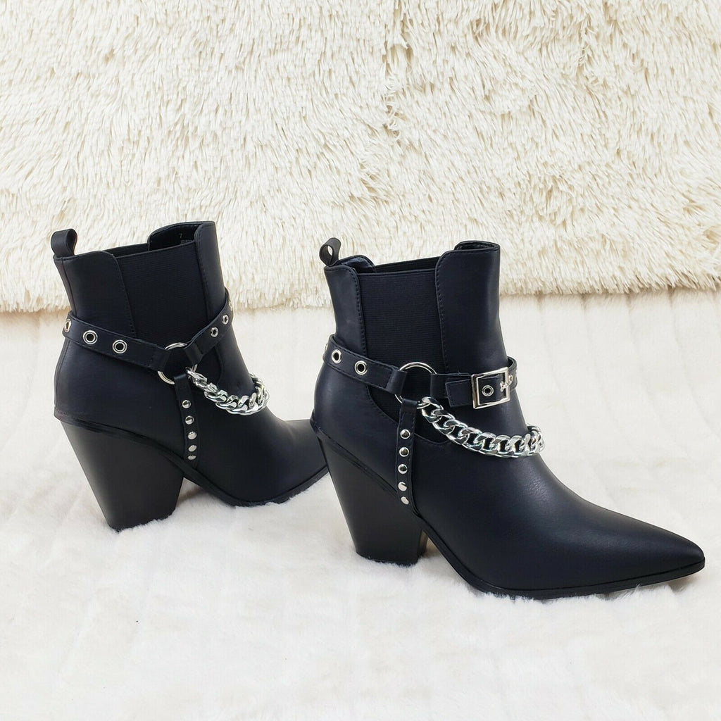 Dimitri Western Chain Strap Cowboy / Cowgirl Pull Ankle Boots Black 6-11 - Totally Wicked Footwear