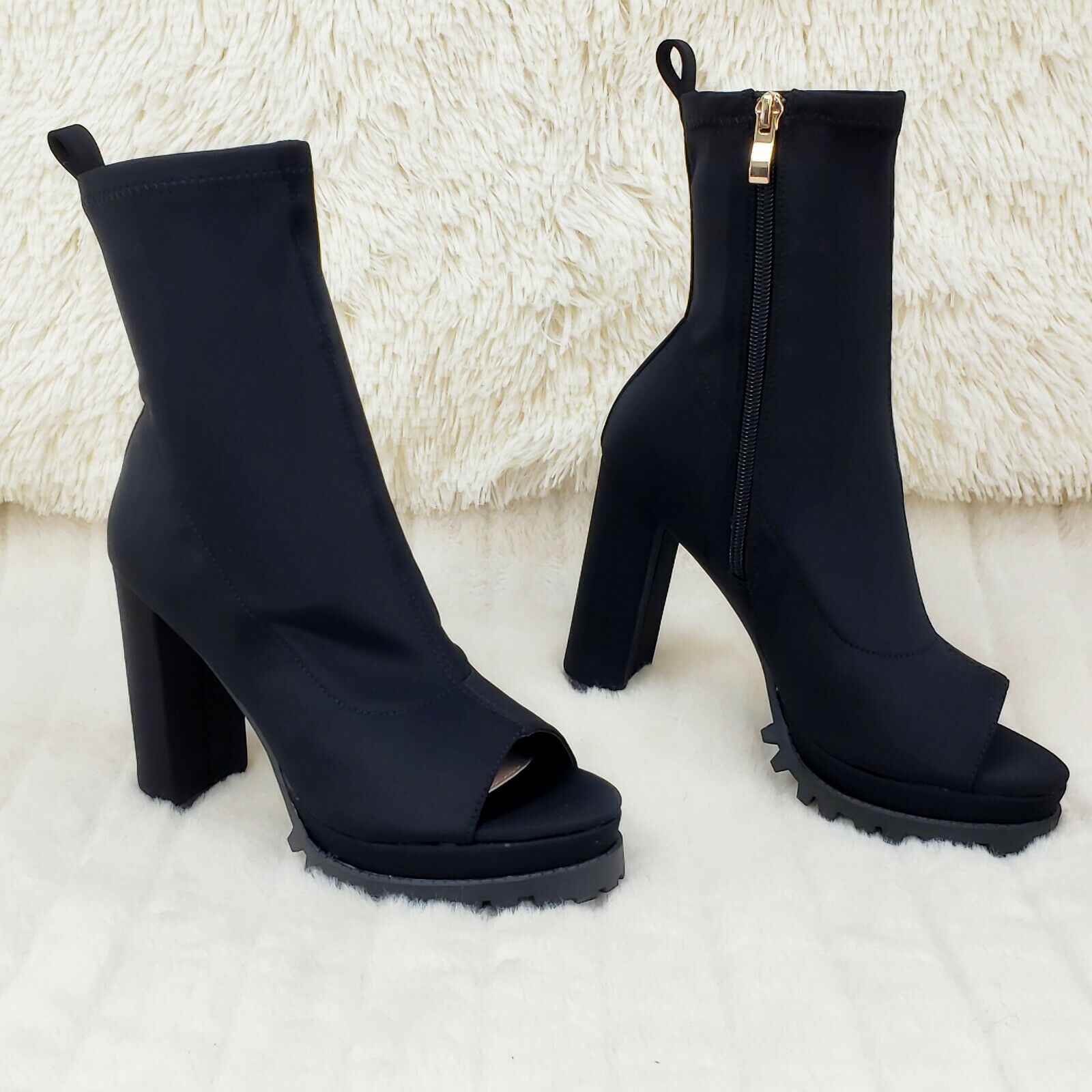 Natalie Black Chunky Heel Stretch Open Toe Lug Sole Ankle Boots - Totally Wicked Footwear