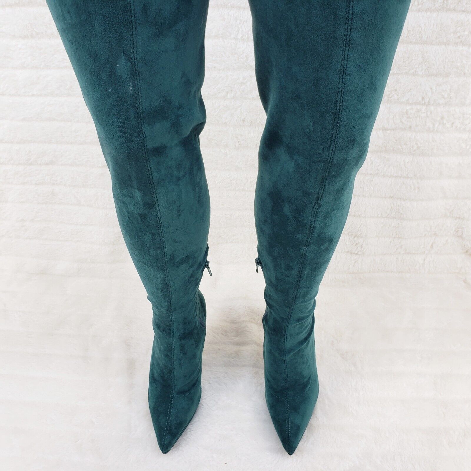 Sexy Girlz Faux Stretch Teal Suede High Heel Pointy Toe Platform Thigh Boots - Totally Wicked Footwear