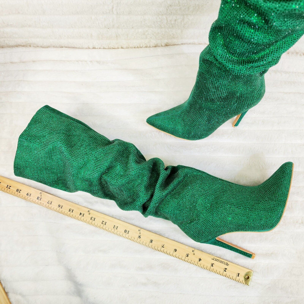 Radiant Emerald Green Rhinestone High Heel Slouch Knee High Boots - Totally Wicked Footwear
