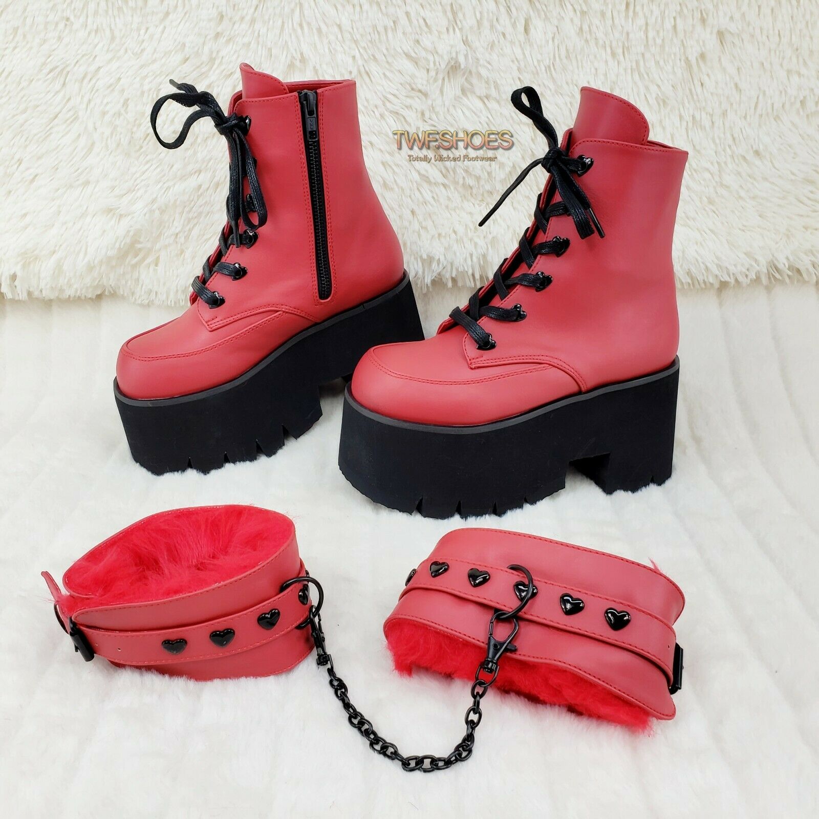 Ashes 57 RED Heart Studs 3.5" Platform Goth Boots Fur Lined Cuffs & Chain NY - Totally Wicked Footwear