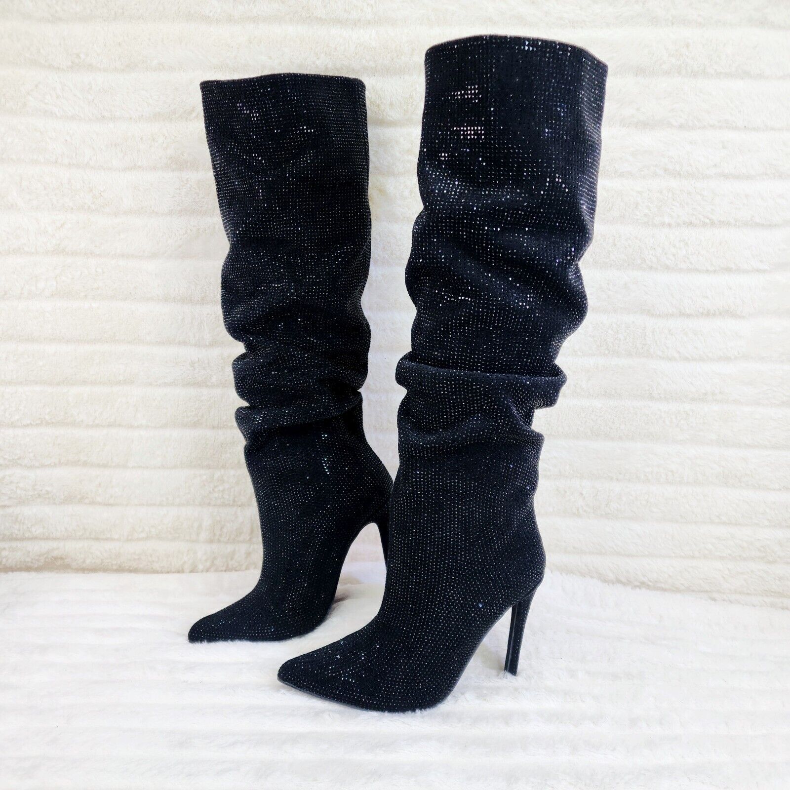 Radiant Black Rhinestone High Heel Stiletto Slouch Knee High Boots - Totally Wicked Footwear