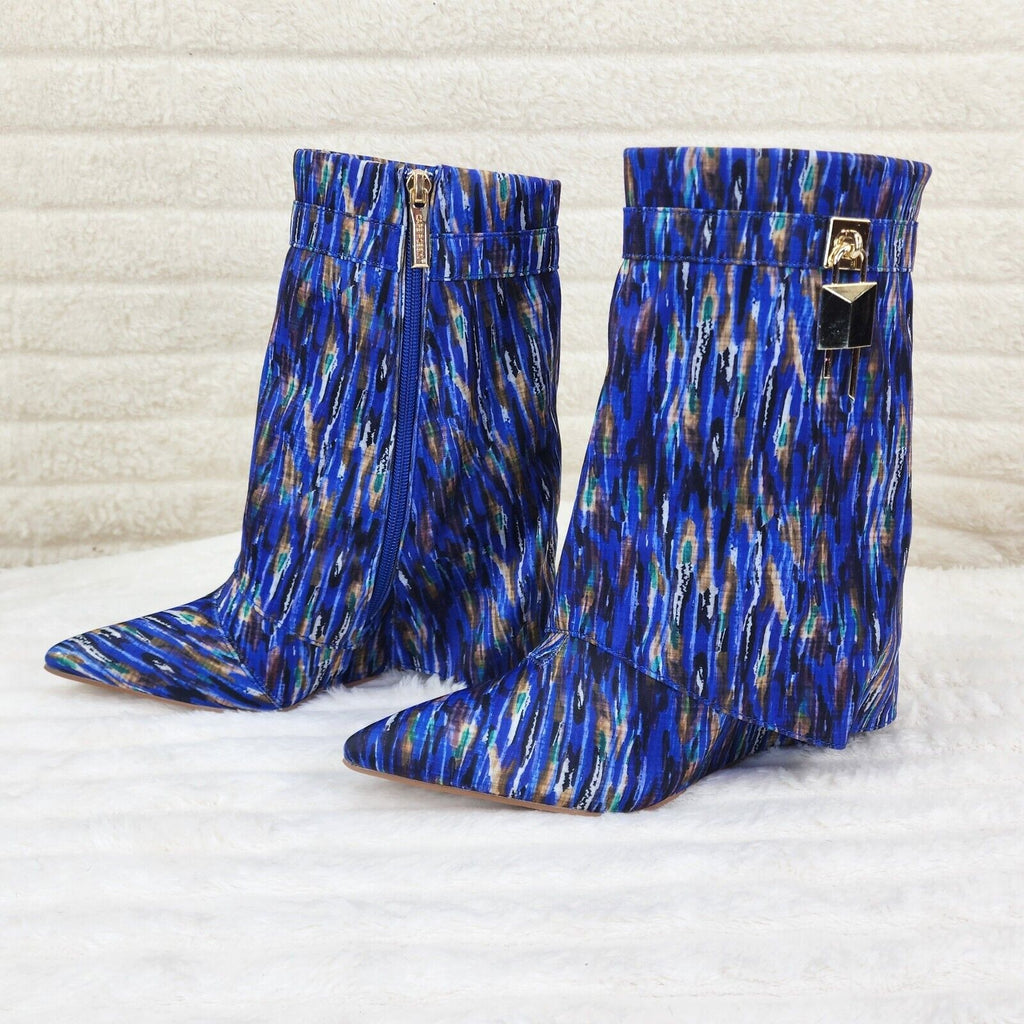 Valley Fold Over Skirted Ankle Boots Wedge Heels Blue Multi Print - Totally Wicked Footwear