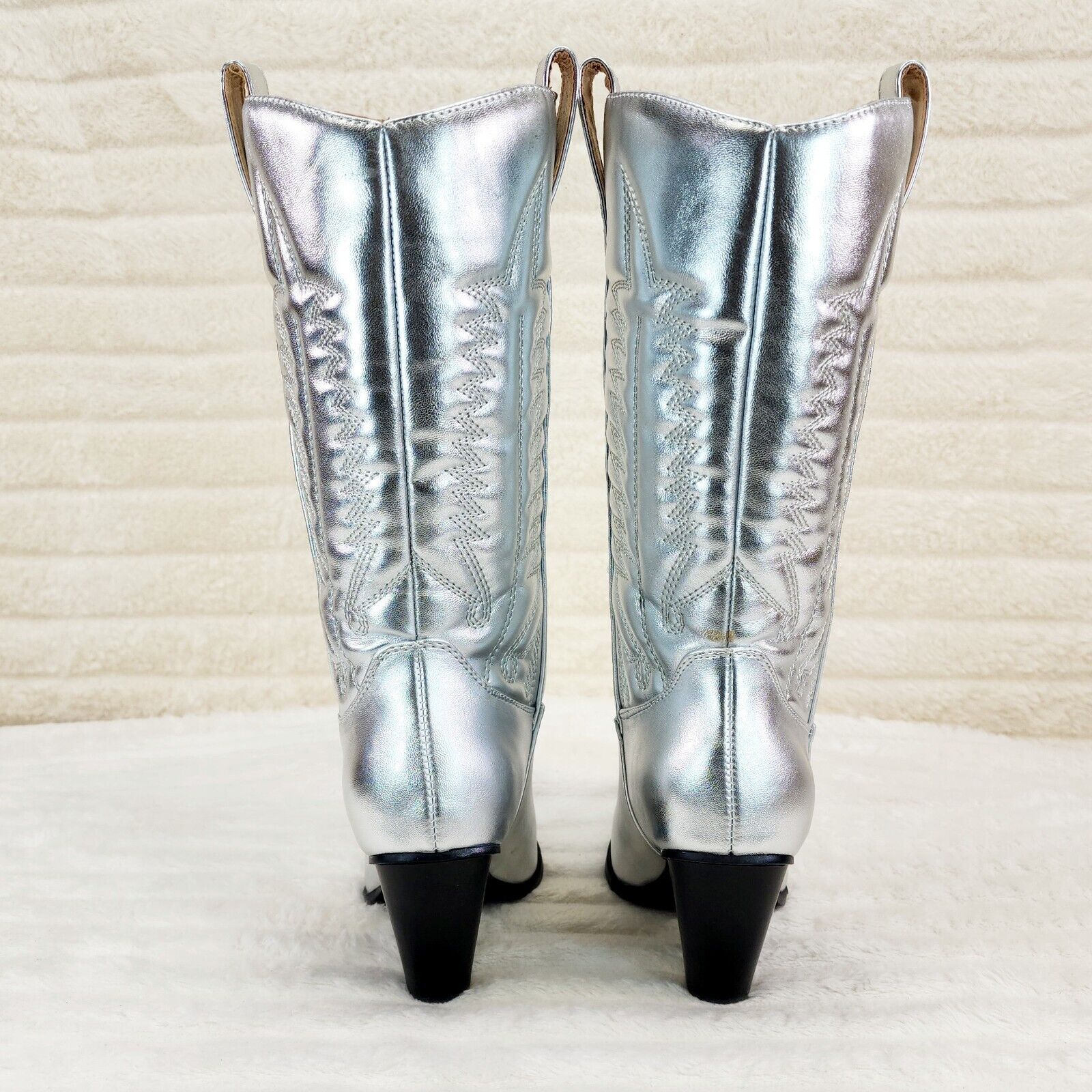Disco Cowgirl Metallic Silver Cowboy Knee Boots Western Block Heels US Sizes - Totally Wicked Footwear