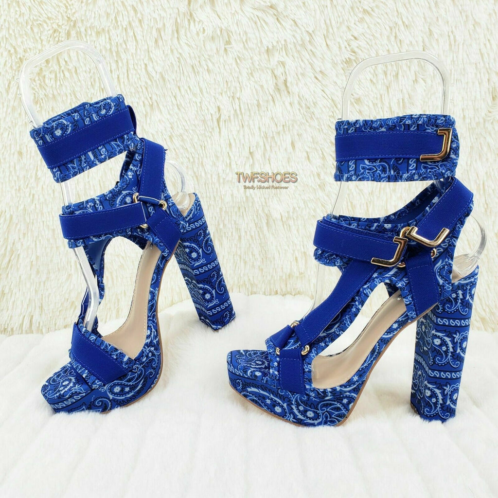 Blue Bandanna  5.5" Chunky High Heel Harness Strap Shoe US Sizes 7-11 Bandana - Totally Wicked Footwear