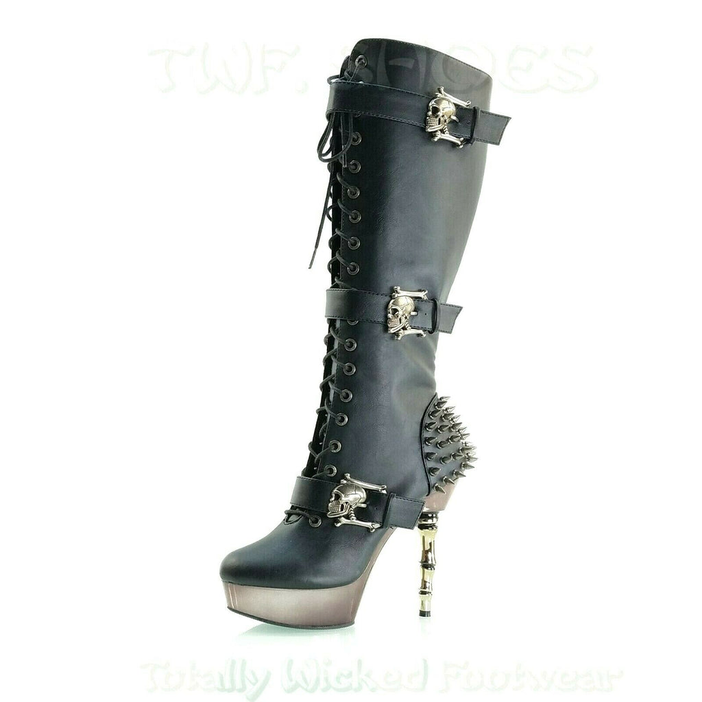 Muerto Chrome Bone High Heel Spiked Skull Buckle Lace Up Knee Boots Size 6-13 NY - Totally Wicked Footwear