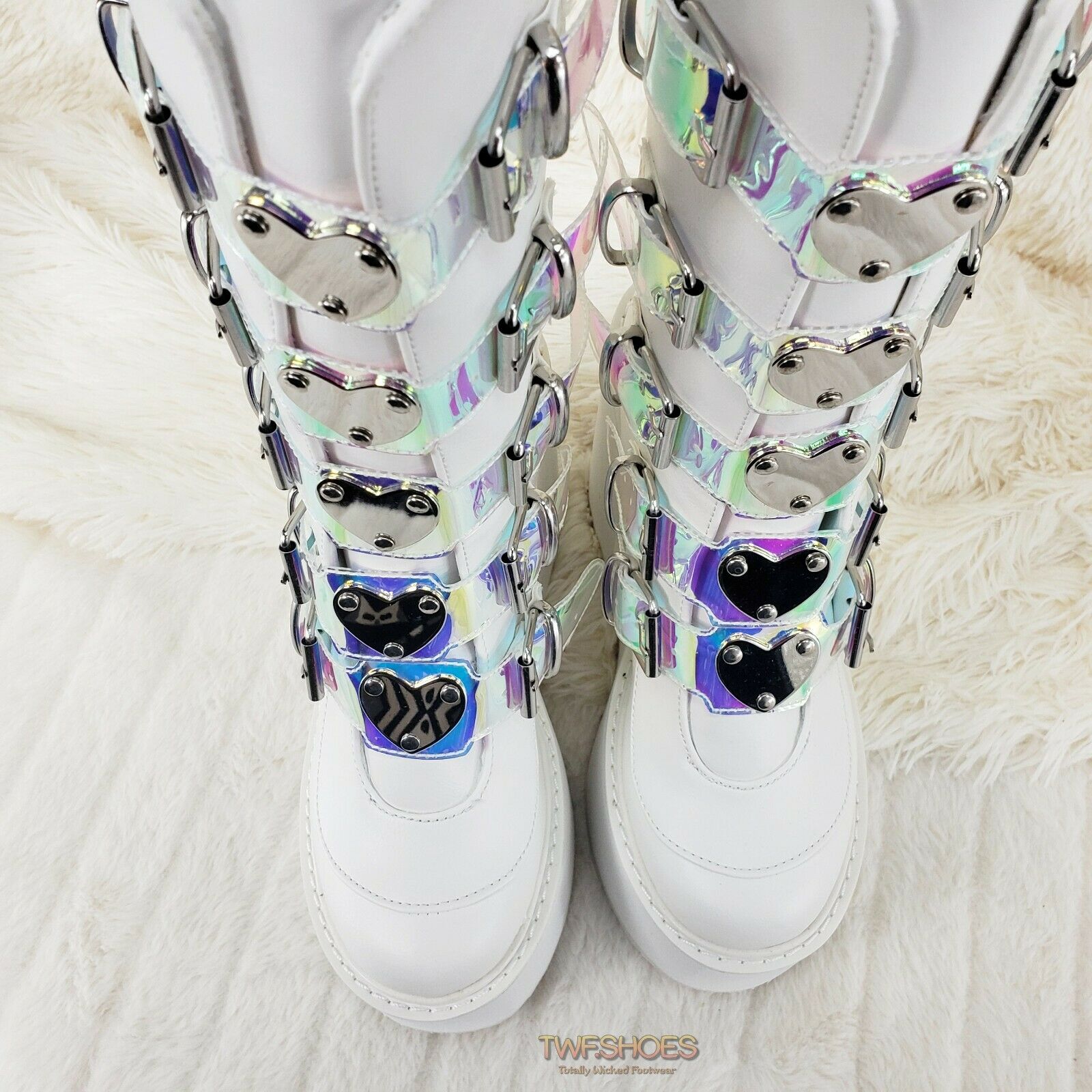 Cyber Swing 230 White Boot 5.5" Platform Heart Hologram Strap Design NY Restock - Totally Wicked Footwear