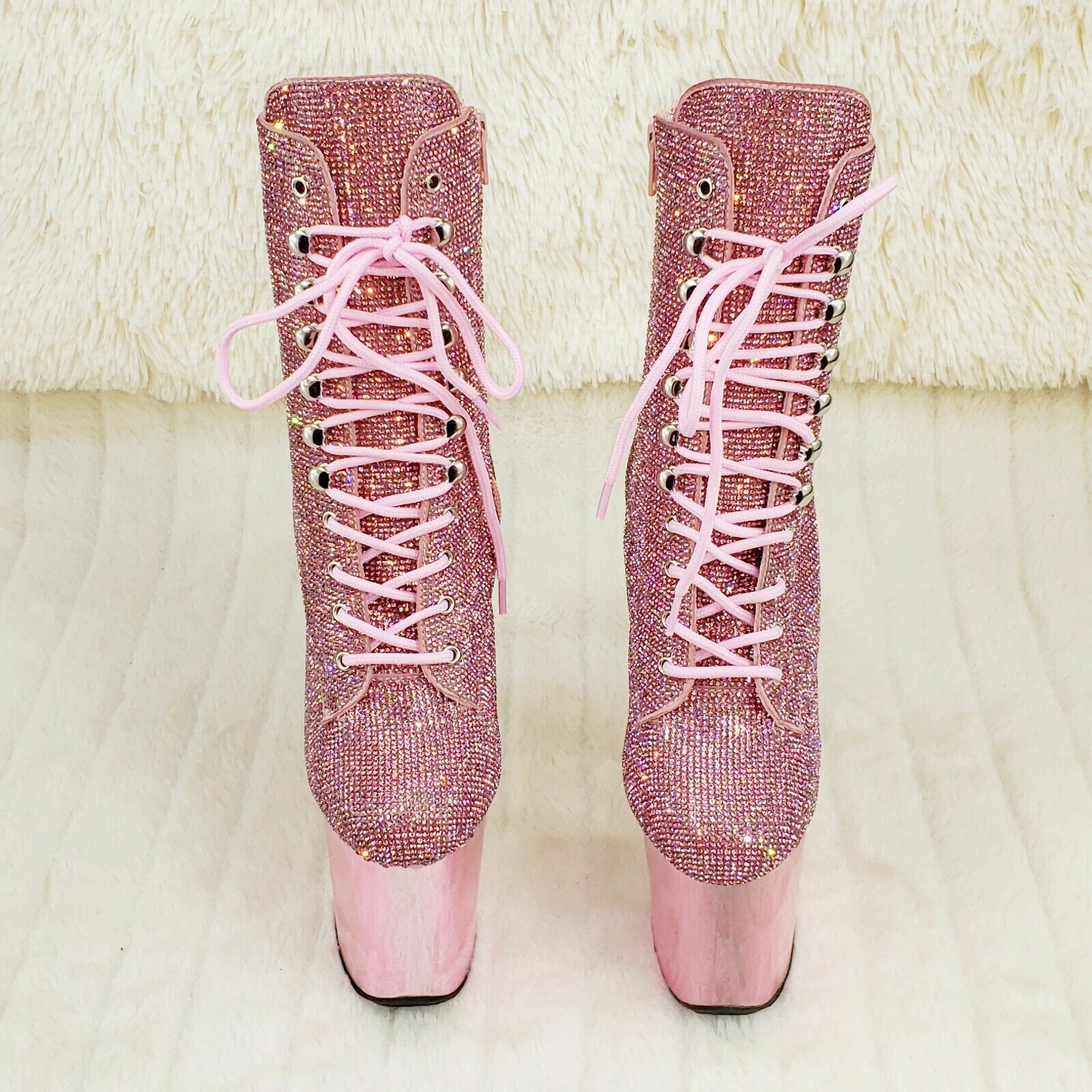 Baby Pink 1020CHRS Bejeweled Rhinestone 8" Heel Chrome Platform Ankle Boots NY - Totally Wicked Footwear