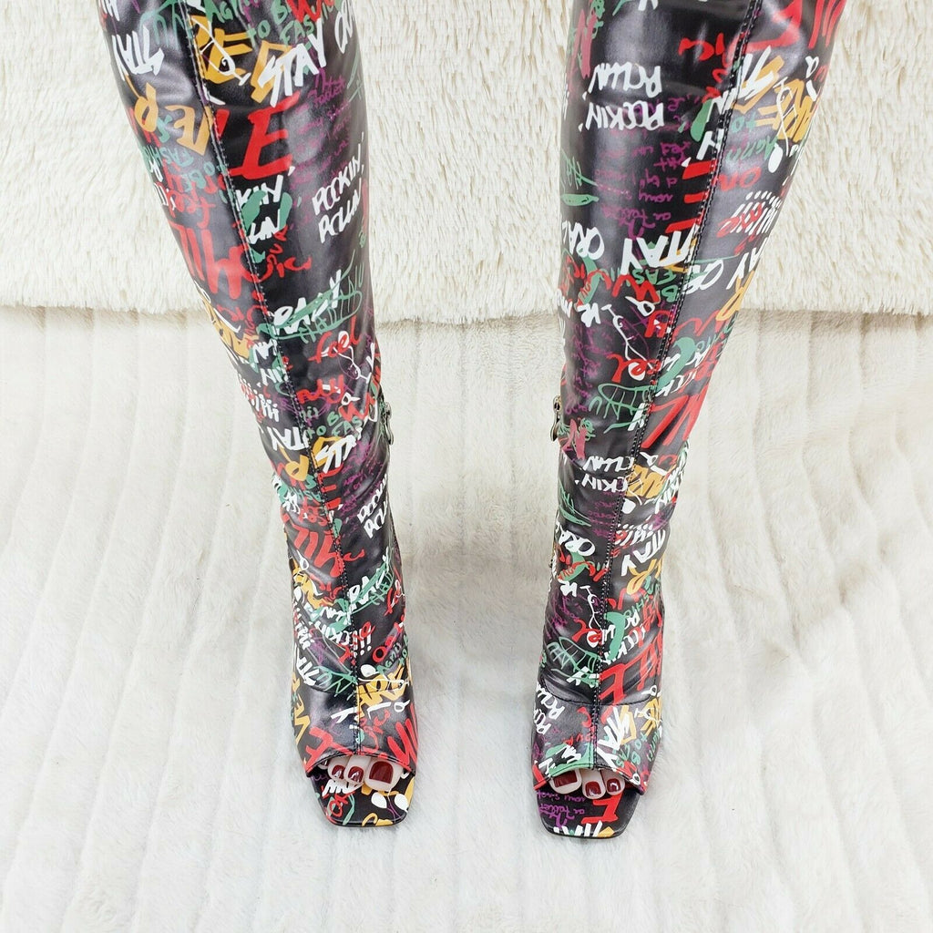 Zen Colorful Graffiti Print Over The Knee Boots With Wedge Heart heels - Totally Wicked Footwear