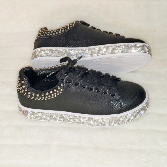 Bling Woman's Jeweled Fashion Sneakers Stud Collar Black Snake Texture 7-11 - Totally Wicked Footwear