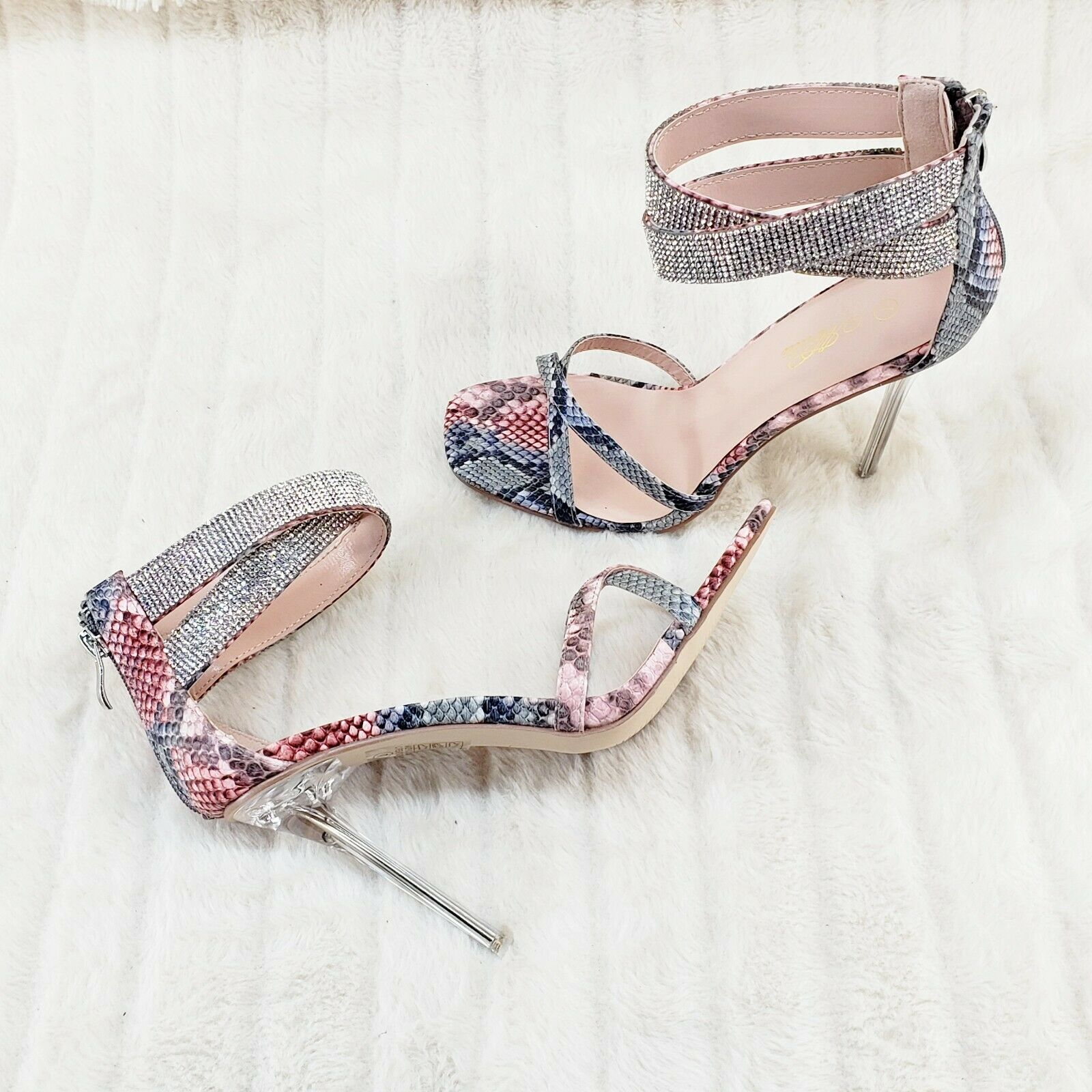 Mata Pink Snake Print Rhinestone Double Ankle Strap Closed Back High Heel Shoes - Totally Wicked Footwear