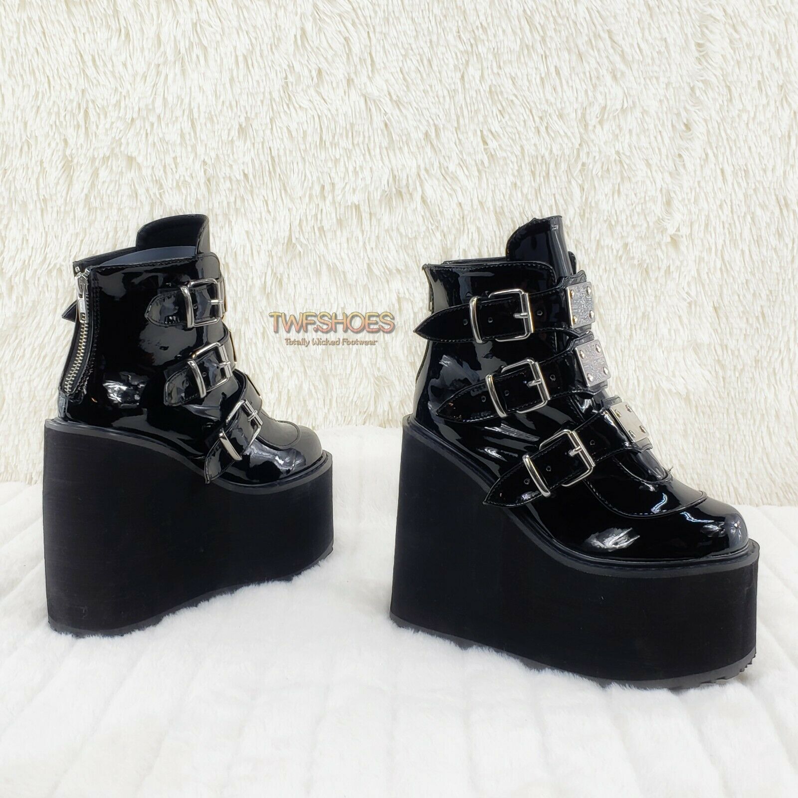 Swing 105 Black Patent Multiple Buckle Ankle Boot 5.5" Platform NY - Totally Wicked Footwear