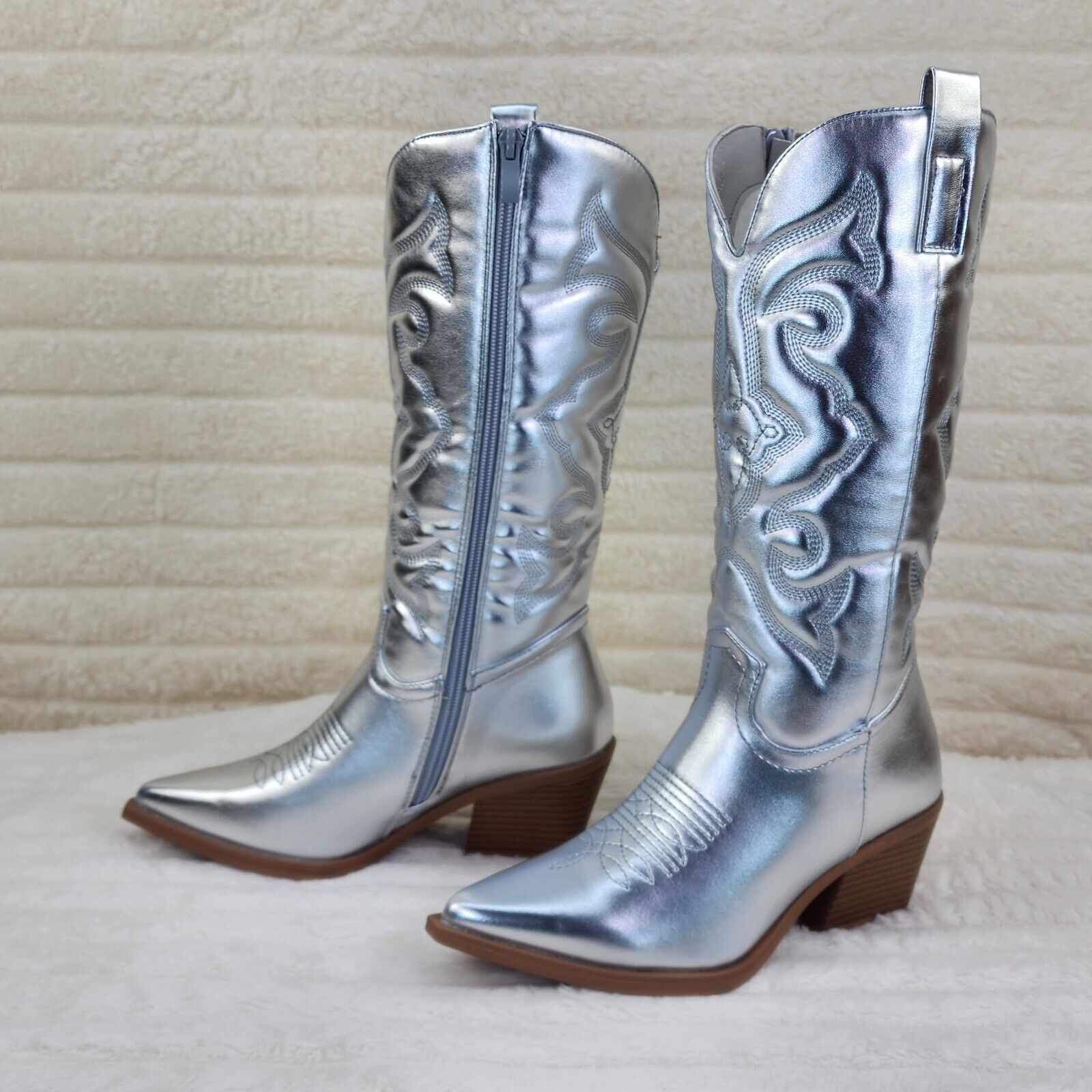 Disco Cowgirl Metallic Silver Cowboy Knee Boots Western Block Heels US Sizes - Totally Wicked Footwear