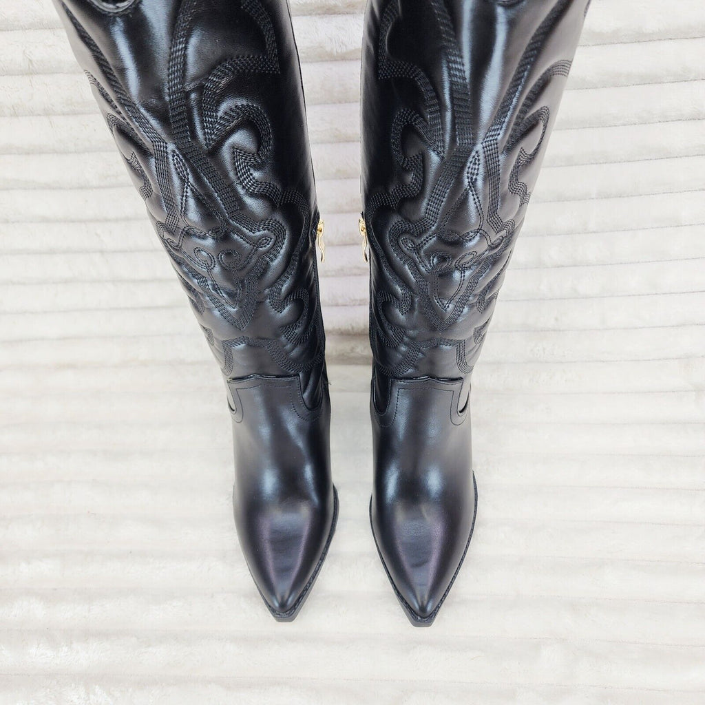 Electric Cowboy Brush Metallic Matte Western Knee High Cowgirl Boots Jet Black - Totally Wicked Footwear