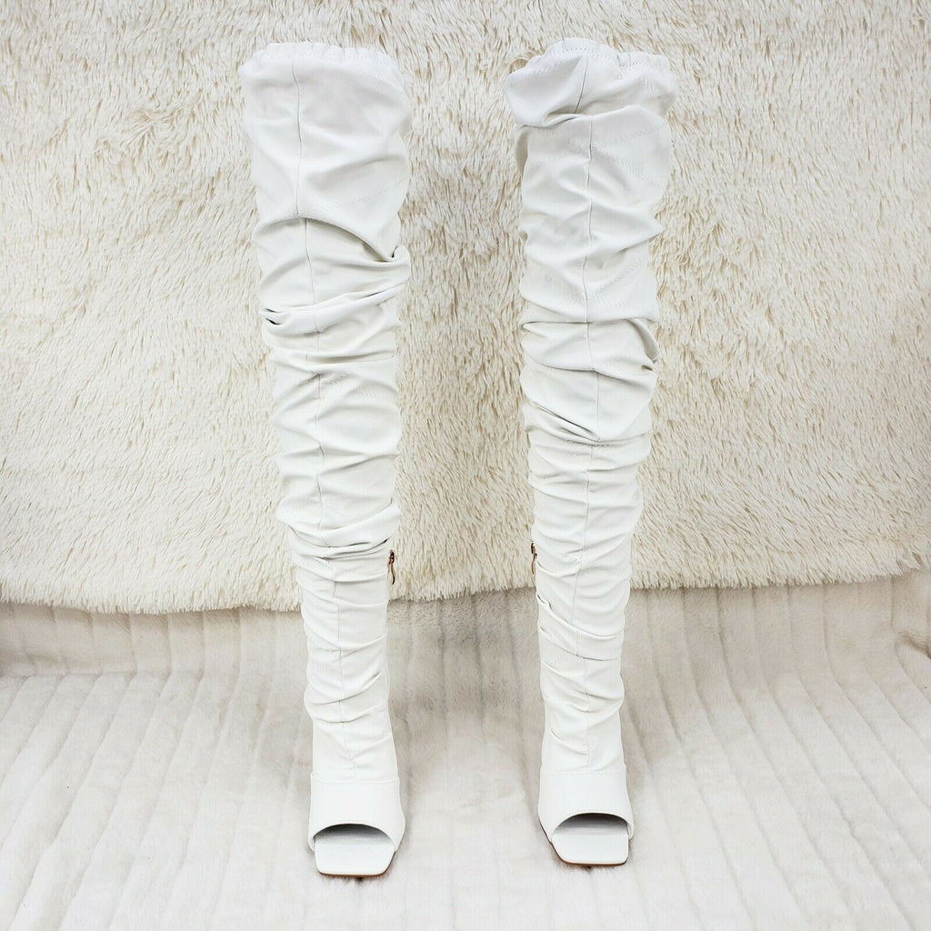 Victoria Bone White Square toe Thigh Boots Adjustable Slouch Scrunch Restocked - Totally Wicked Footwear