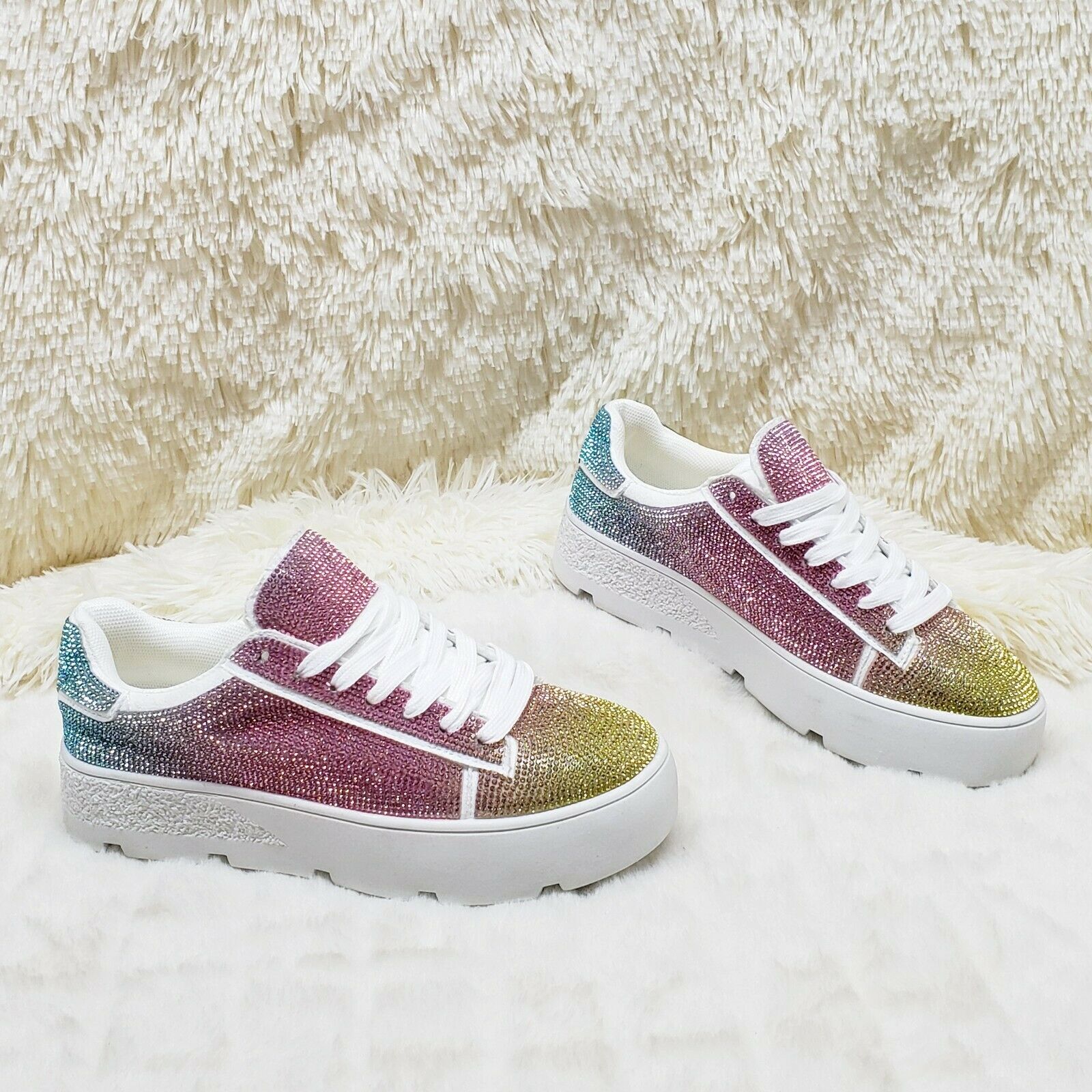 CR Diamond Queen Pastel Ombre Rhinestone Lace Up Platform Bling Sneakers - Totally Wicked Footwear
