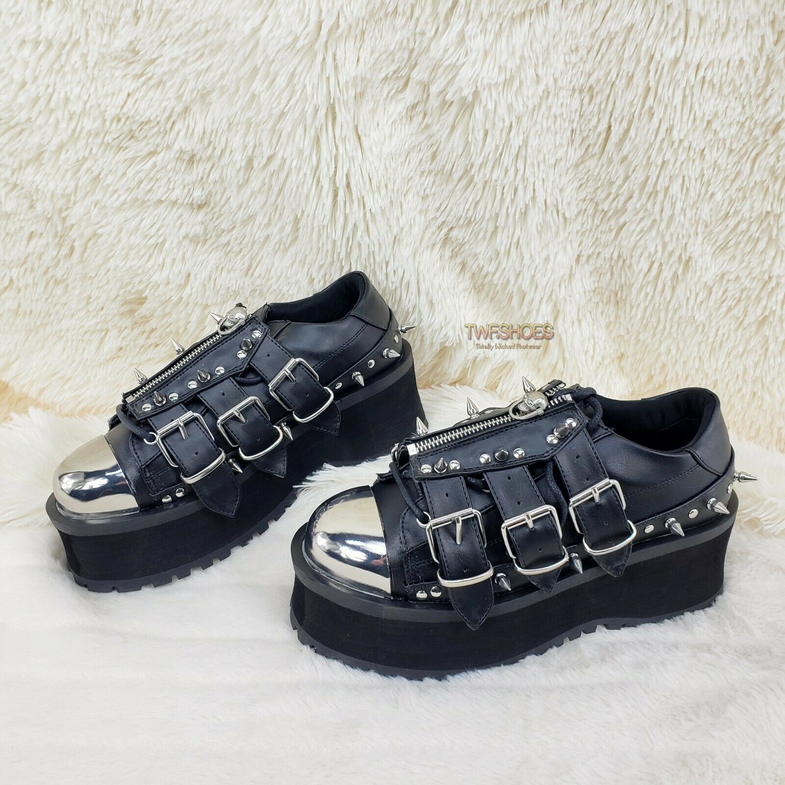 Grave Digger 03 Black Chrome Toe Plate Spiked Shoe Men 4-13 Goth Punk NY - Totally Wicked Footwear