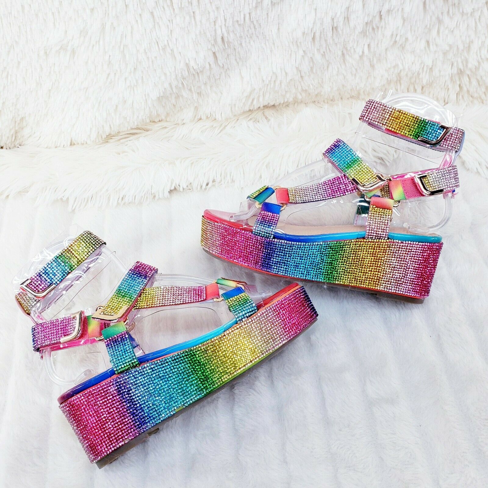 2" Flatform Harness Strap Rainbow Rhinestone Sandals Comfy New Shoes Restocked - Totally Wicked Footwear