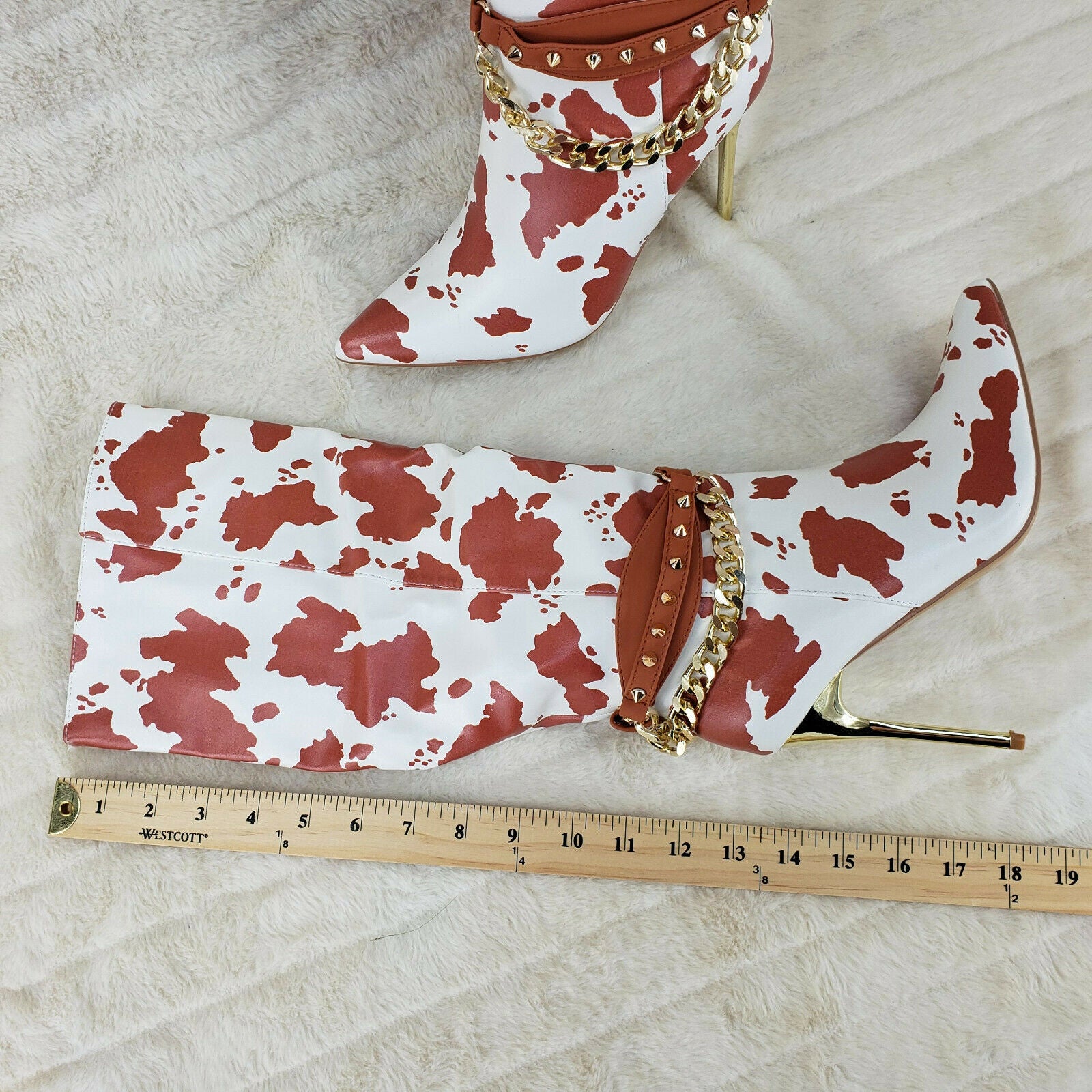 Eva Tan & White Cow Print Leatherette Gold Tone High Heel & Chain Knee Boots - Totally Wicked Footwear