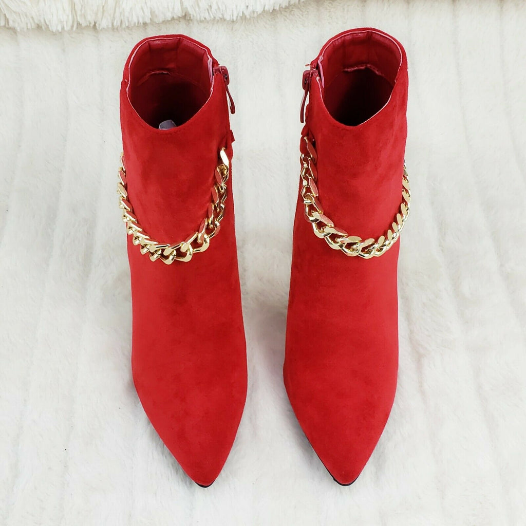 Mata Red FX Suede & Chain Sexy Pointy Toe 4" Stiletto High Heel Ankle Boots - Totally Wicked Footwear
