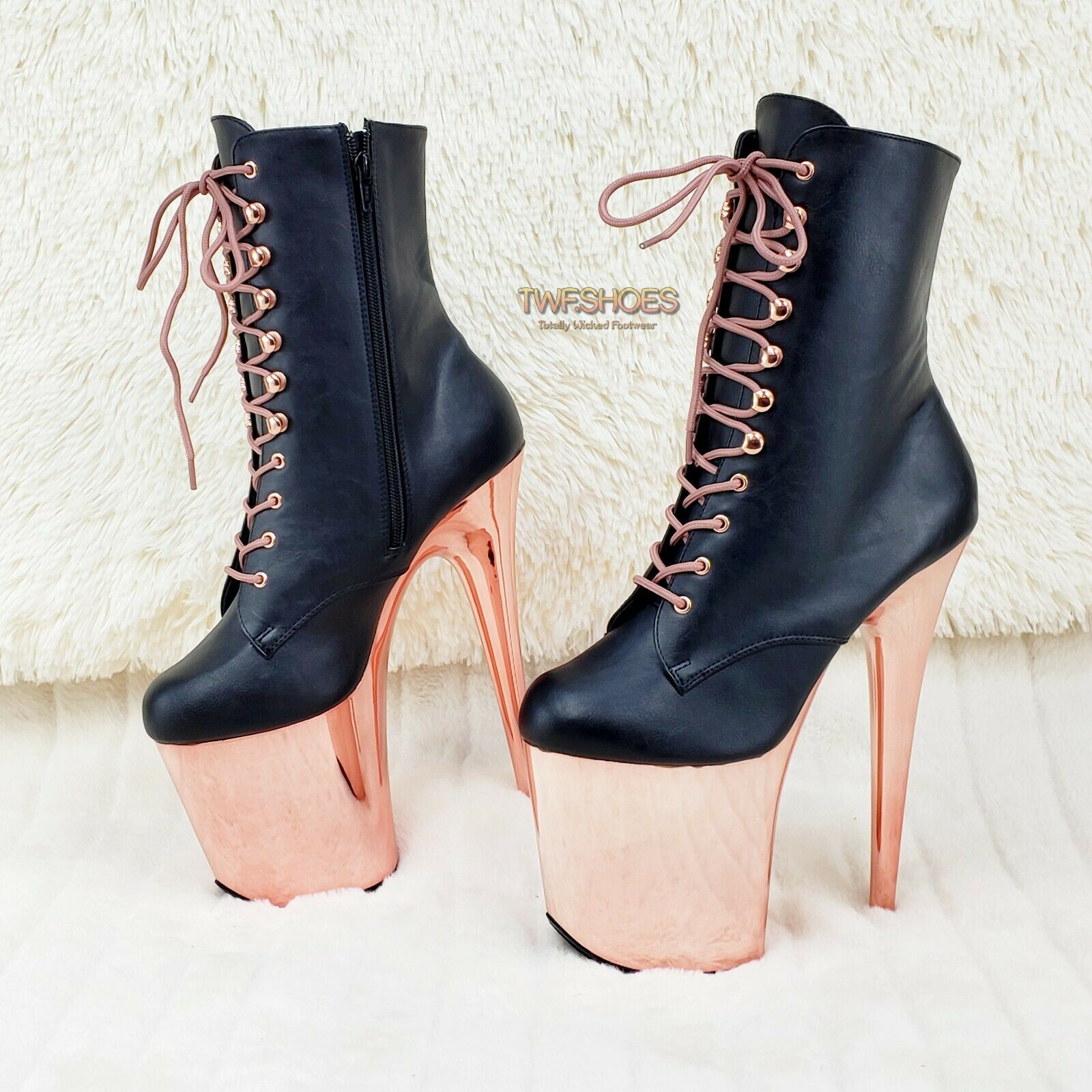Flamingo 1020 Black Matte Rose Gold Platform 8" Heel Ankle Boots 10 & 12 NY - Totally Wicked Footwear
