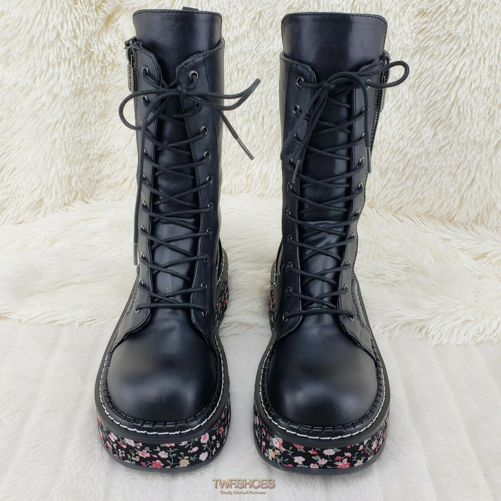 Demonia Emily 350 Black Matte Floral 2" Platform Combat Boots Restocked NY - Totally Wicked Footwear