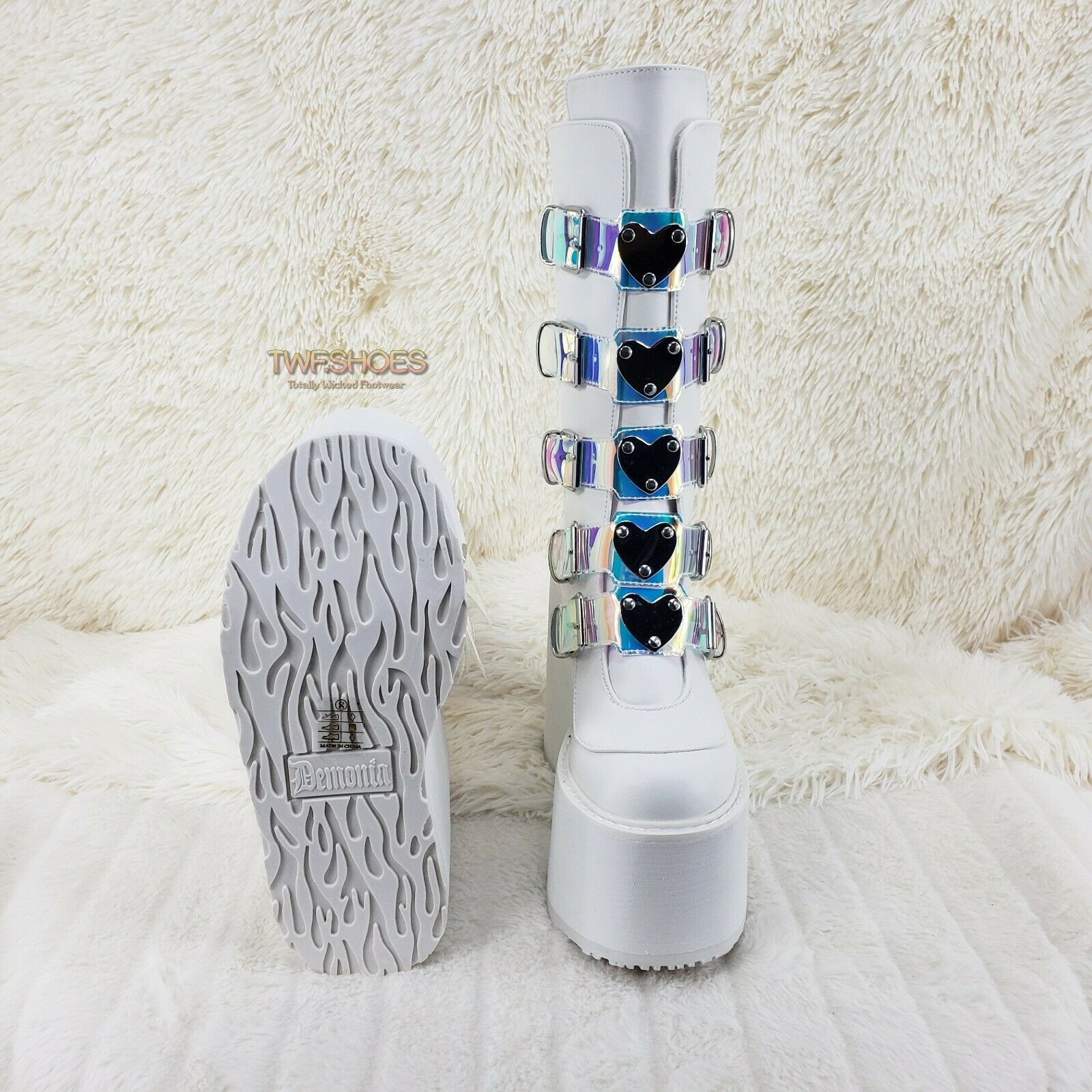 Cyber Swing 230 White Boot 5.5" Platform Heart Hologram Strap Design NY Restock - Totally Wicked Footwear