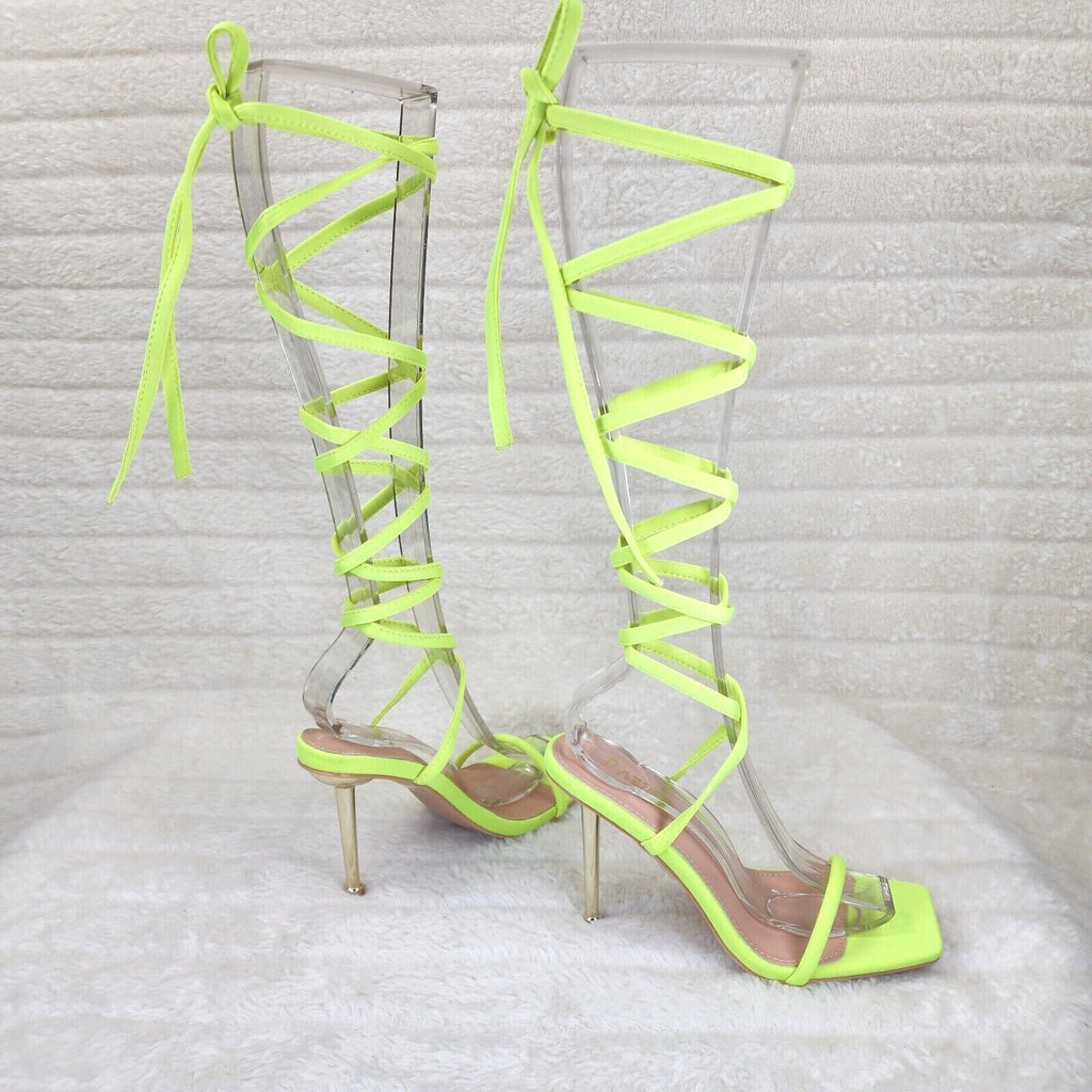 Chica Bright Neon Yellow Sateen Long Lace Strappy Tie Up High Heel Sandal - Totally Wicked Footwear