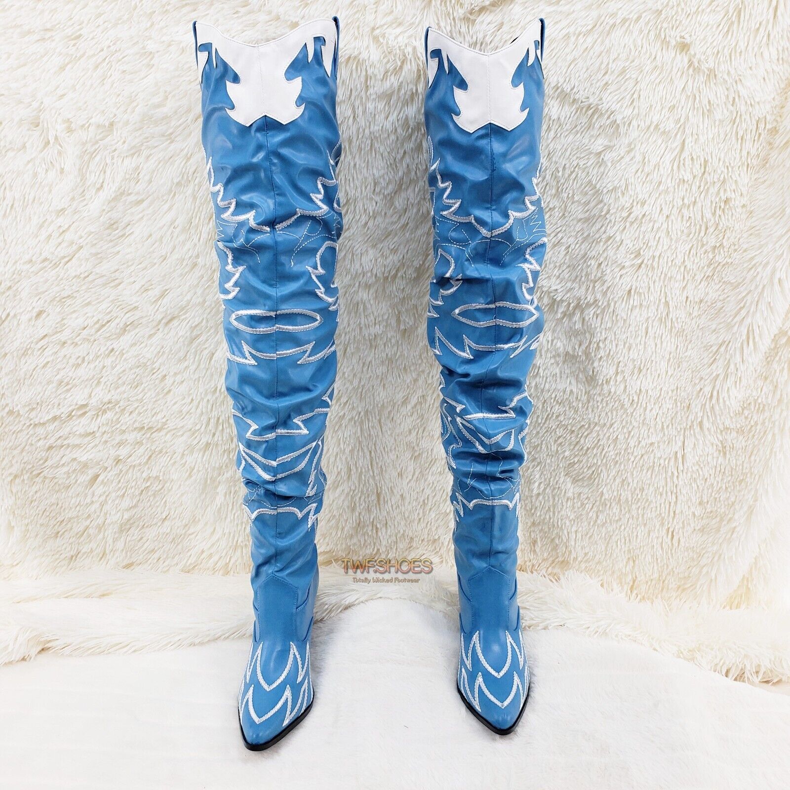 Kelsey 21 Rock Star Turquoise & White Western Slouch OTK Thigh High Cowboy Boots - Totally Wicked Footwear