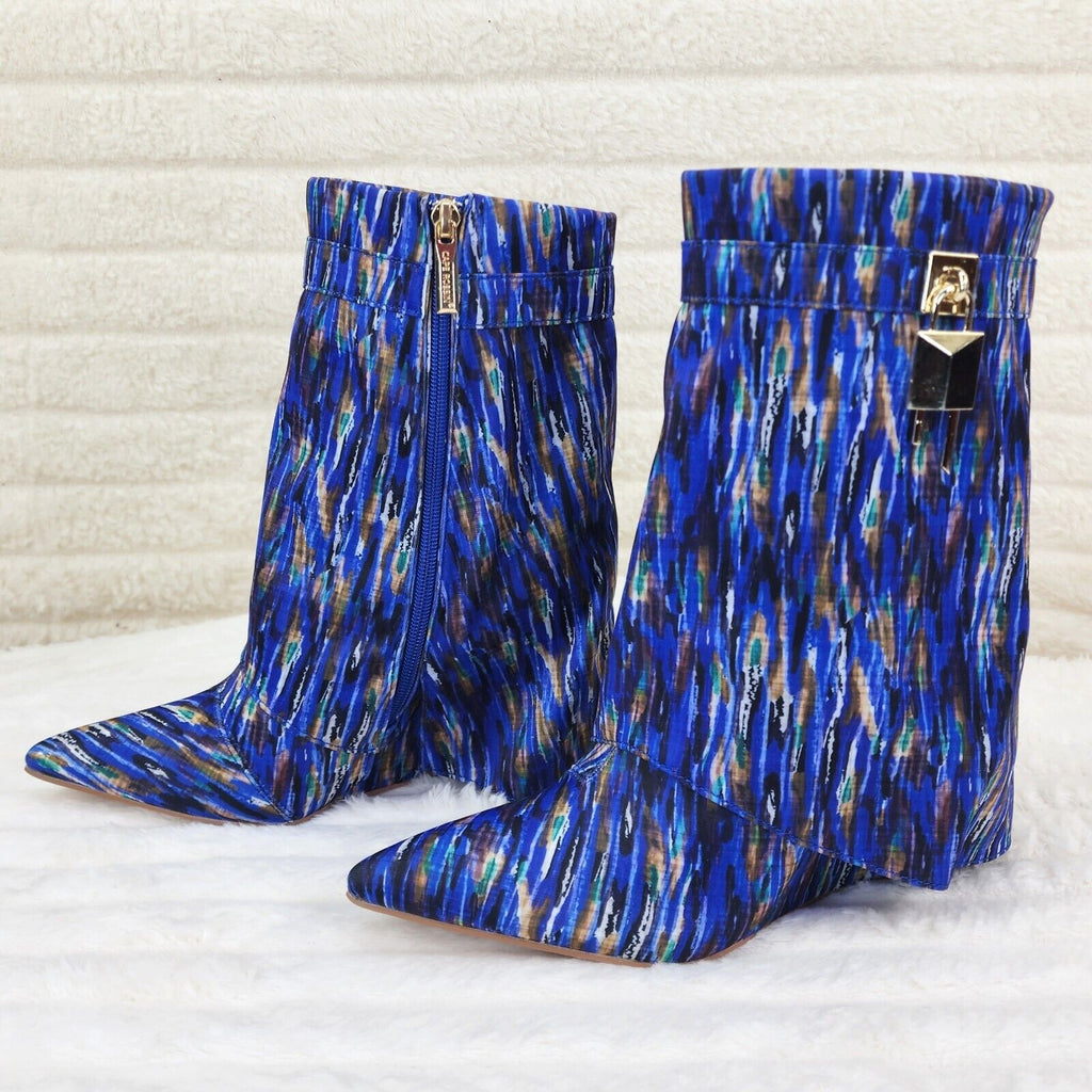 Valley Fold Over Skirted Ankle Boots Wedge Heels Blue Multi Print - Totally Wicked Footwear