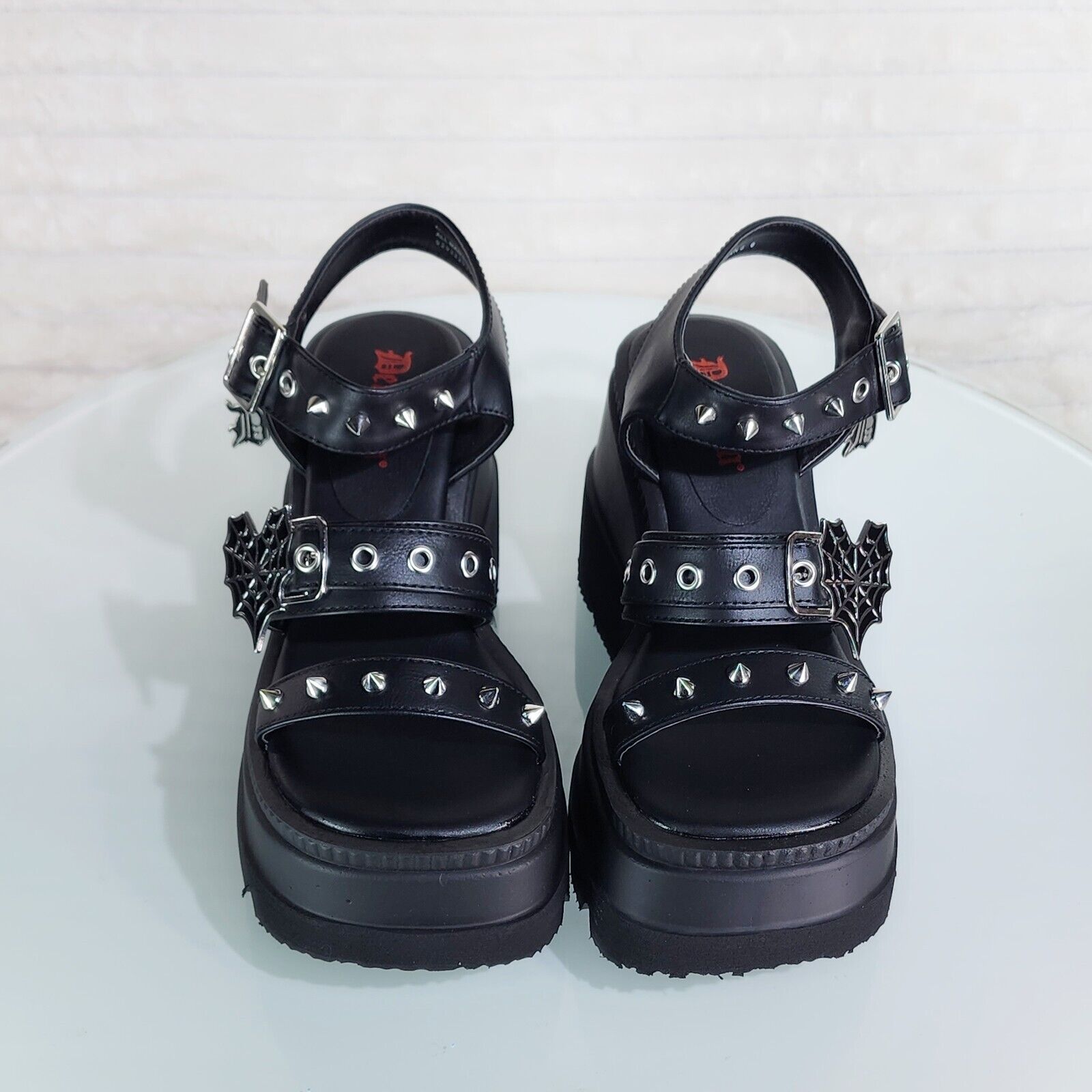 Shaker 13 Black Out Patent 4.5" Wedge Heel Gothic Sandals Studs And Charms NY - Totally Wicked Footwear