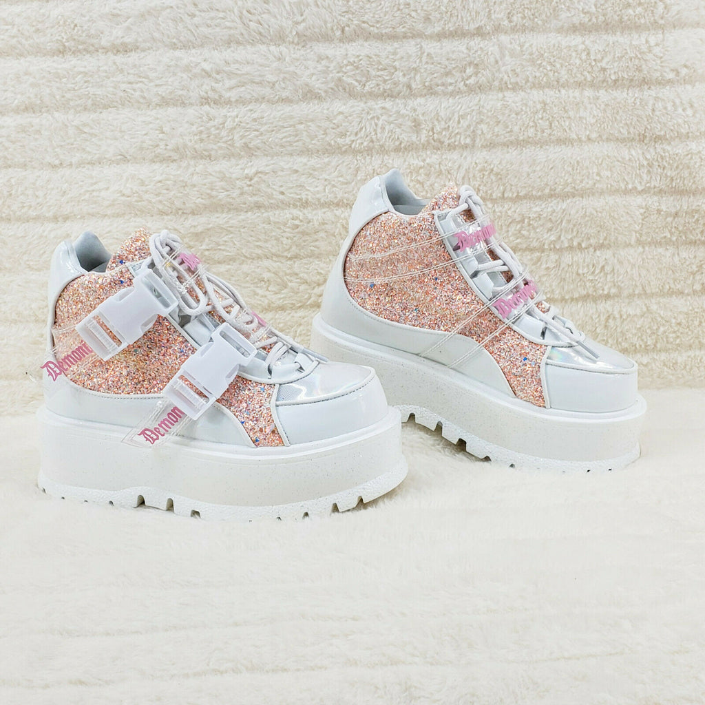Slacker 50 White Pink Glitter Platform Sneaker Ankle Boots - Totally Wicked Footwear