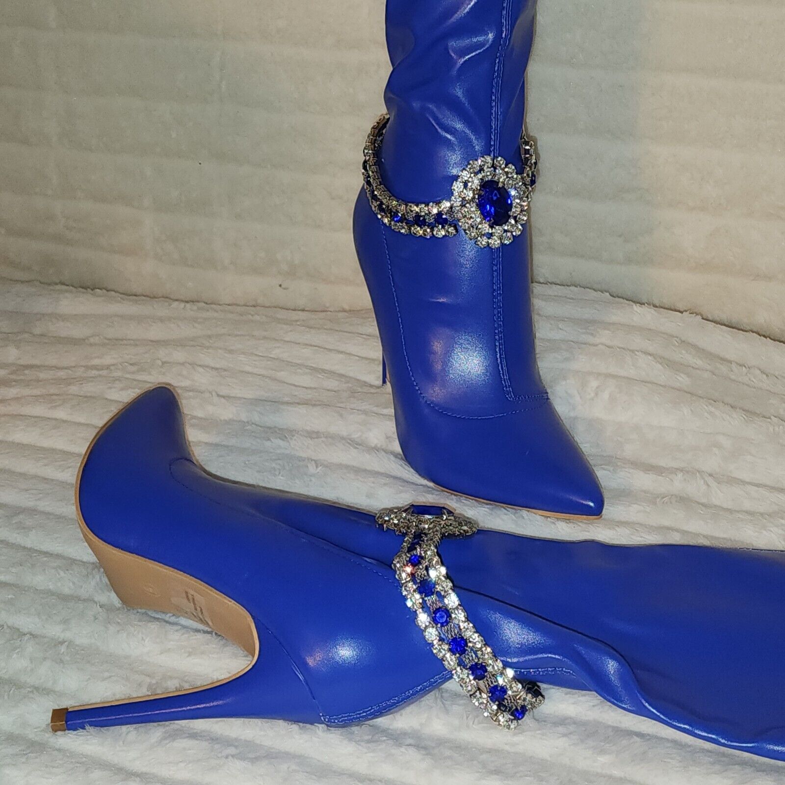 Lawless Bold Blue Stretch Leatherette Rhinestone Ankle Bracelet Thigh High Boots - Totally Wicked Footwear