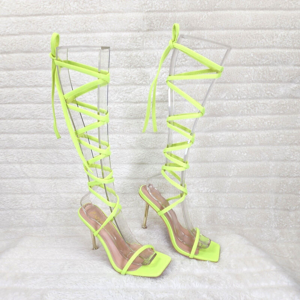 Chica Bright Neon Yellow Sateen Long Lace Strappy Tie Up High Heel Sandal - Totally Wicked Footwear