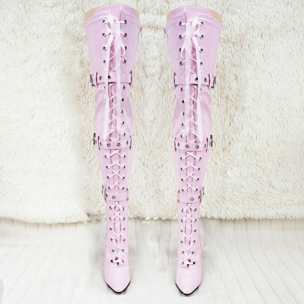 Seduce 3028 Baby Pink Lace Up Thigh High Boots 5" Stiletto Heel US Sizes NY - Totally Wicked Footwear
