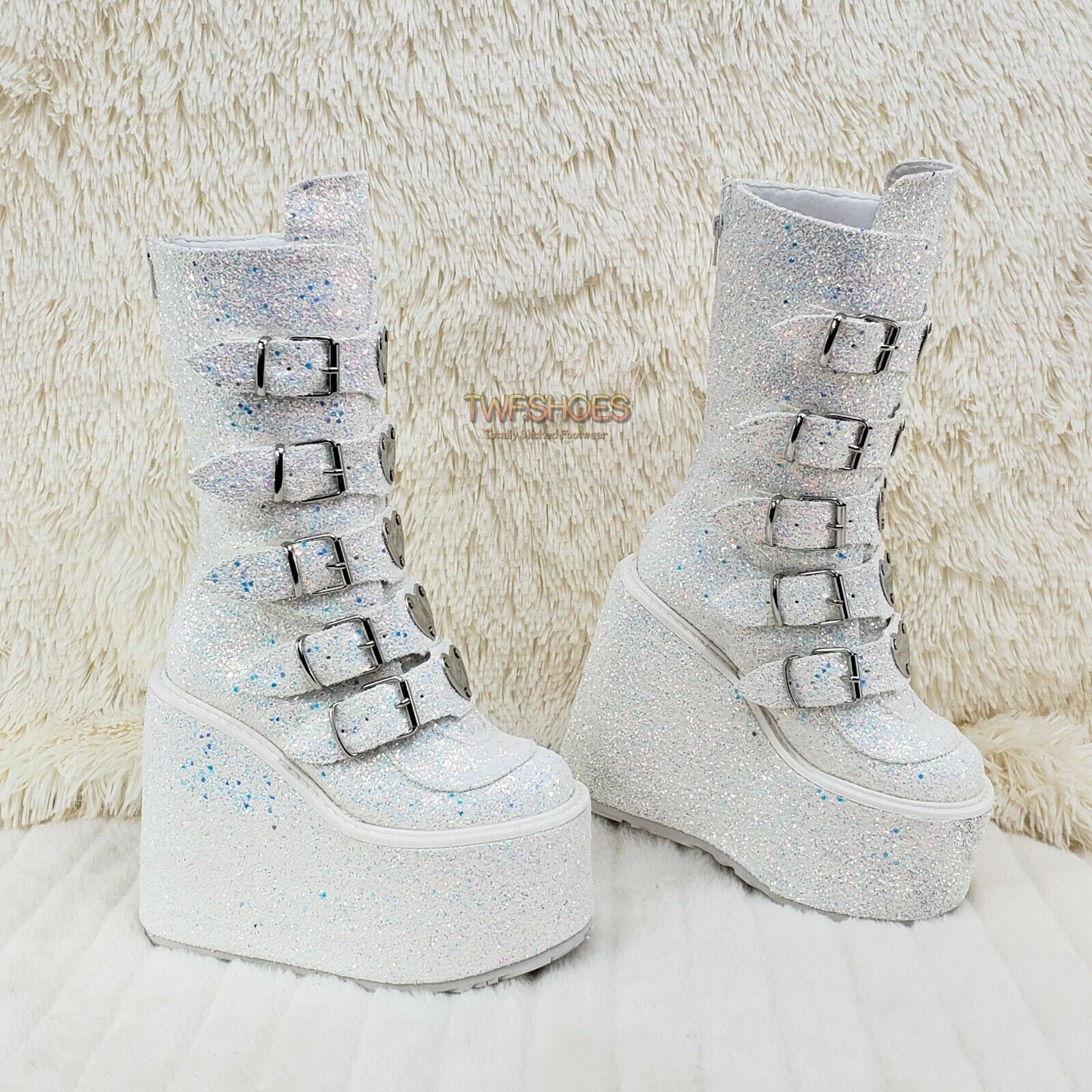 Swing 230G White Multi Glitter Mid Calf Boot 5.5" Platform Heart Strap 6-12 NY - Totally Wicked Footwear