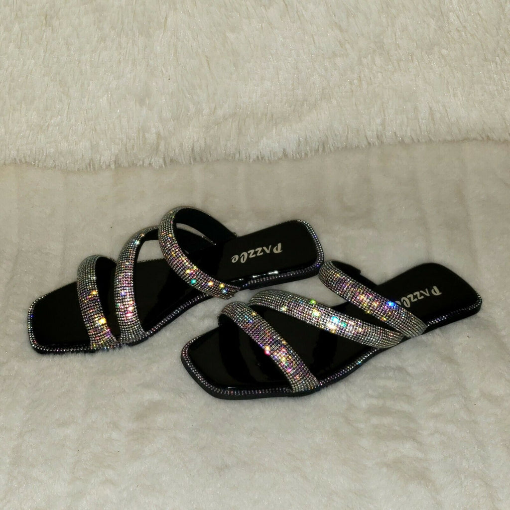 Sparkle Triple Padded Strap Slip On Iridescent Rhinestone Sandals Black - Totally Wicked Footwear