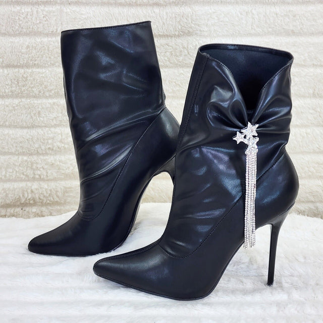 Sherry Black Pull on Drape Rhinestone Pendent High Heel Ankle Boots - Totally Wicked Footwear