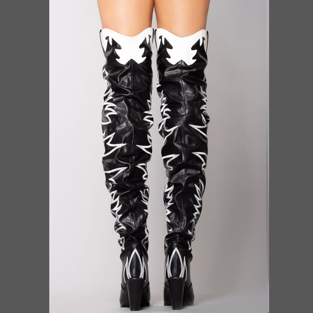 Kelsey 21 Rock Star Black & White Western Slouch OTK Thigh High Cowboy Boots - Totally Wicked Footwear