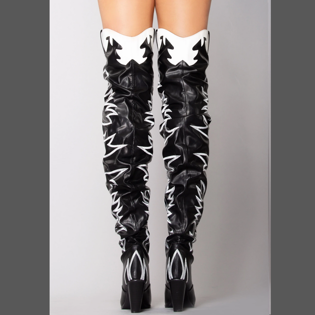 Cape robbin kelsey 21 black white rockstar western pointed slouchy thigh boot deals