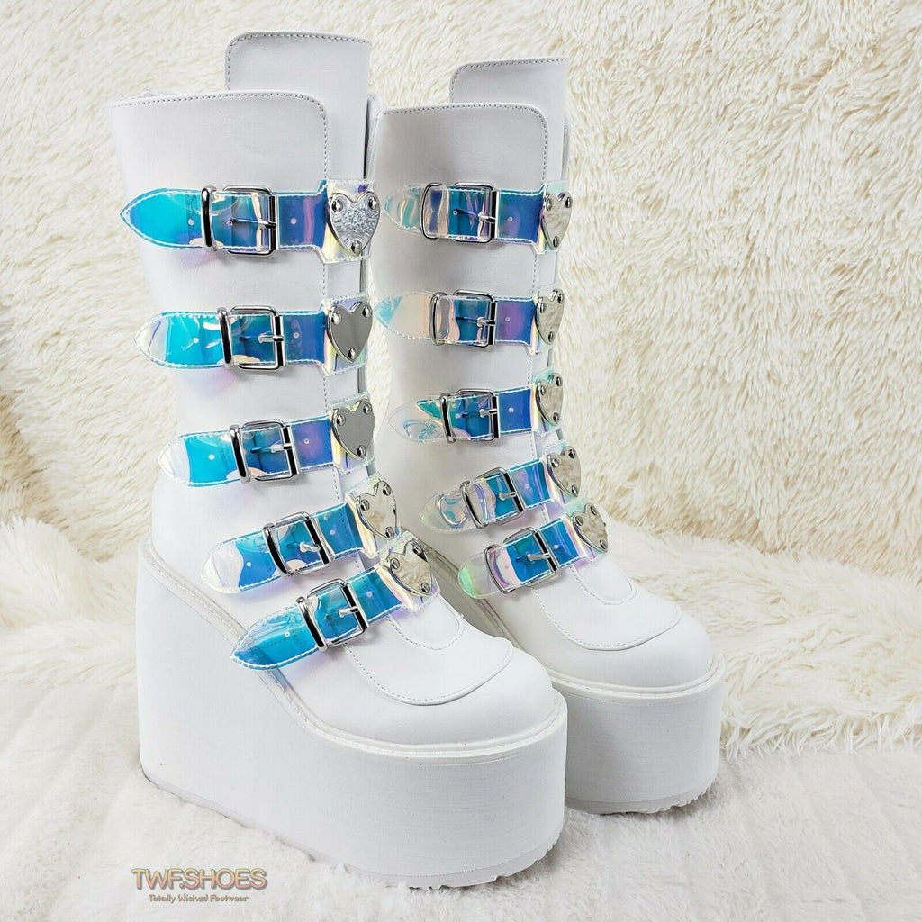 Cyber Swing 230 White Boot 5.5" Platform Heart Hologram Strap Design NY Restock - Totally Wicked Footwear