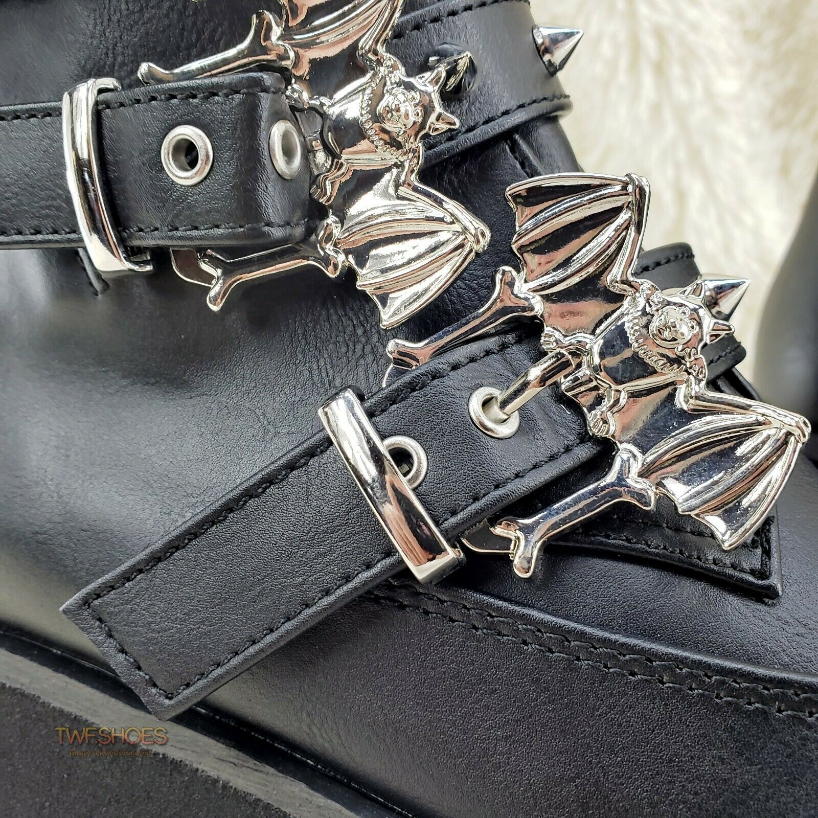 Demonia Ashes 55 Black Bat Buckle 3.5" Platform Heel Goth Boots RESTOCKED NY - Totally Wicked Footwear