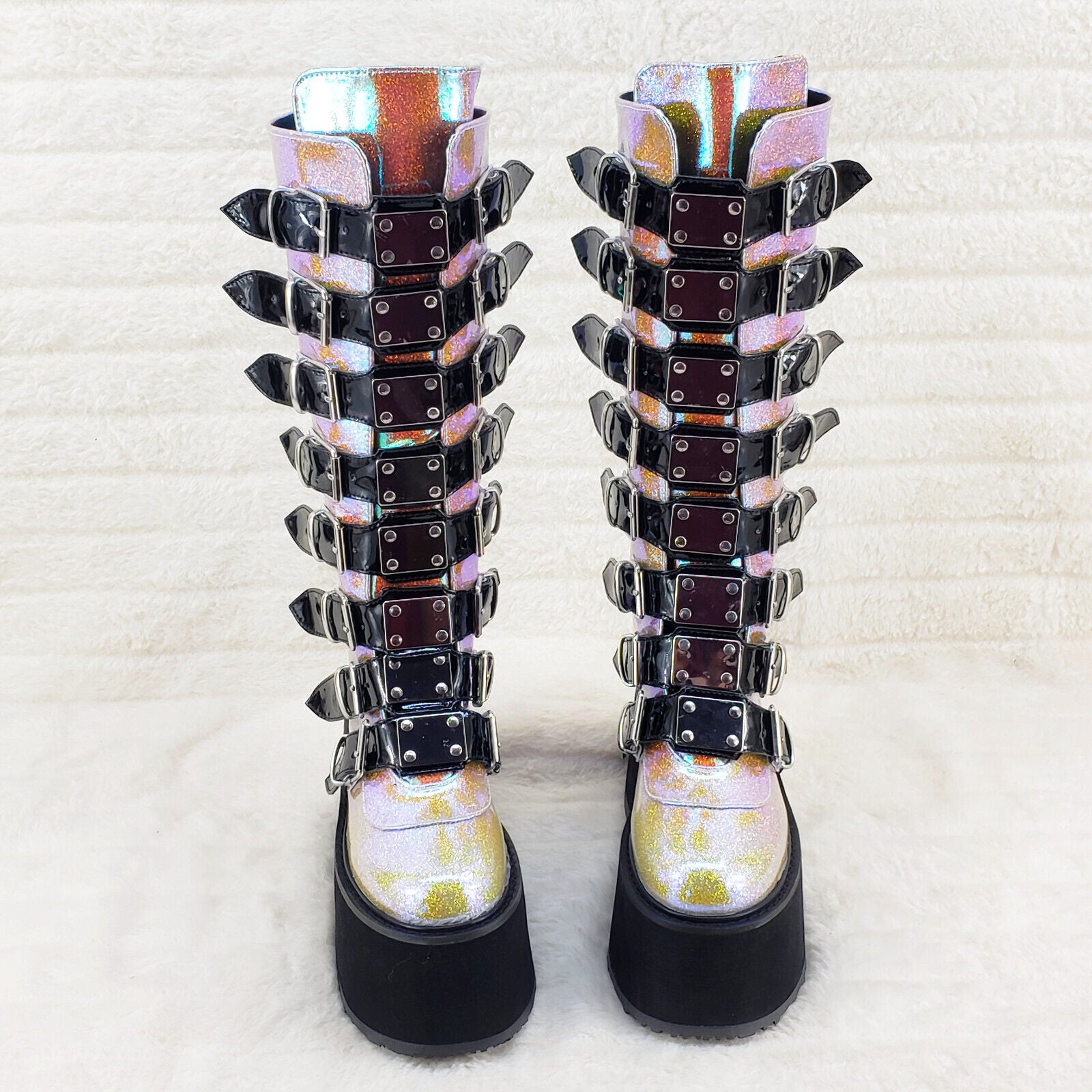 Damned 318 Multi Strap 3.5" Platform Cyber Punk Knee Boots Pink Hologram  NY - Totally Wicked Footwear