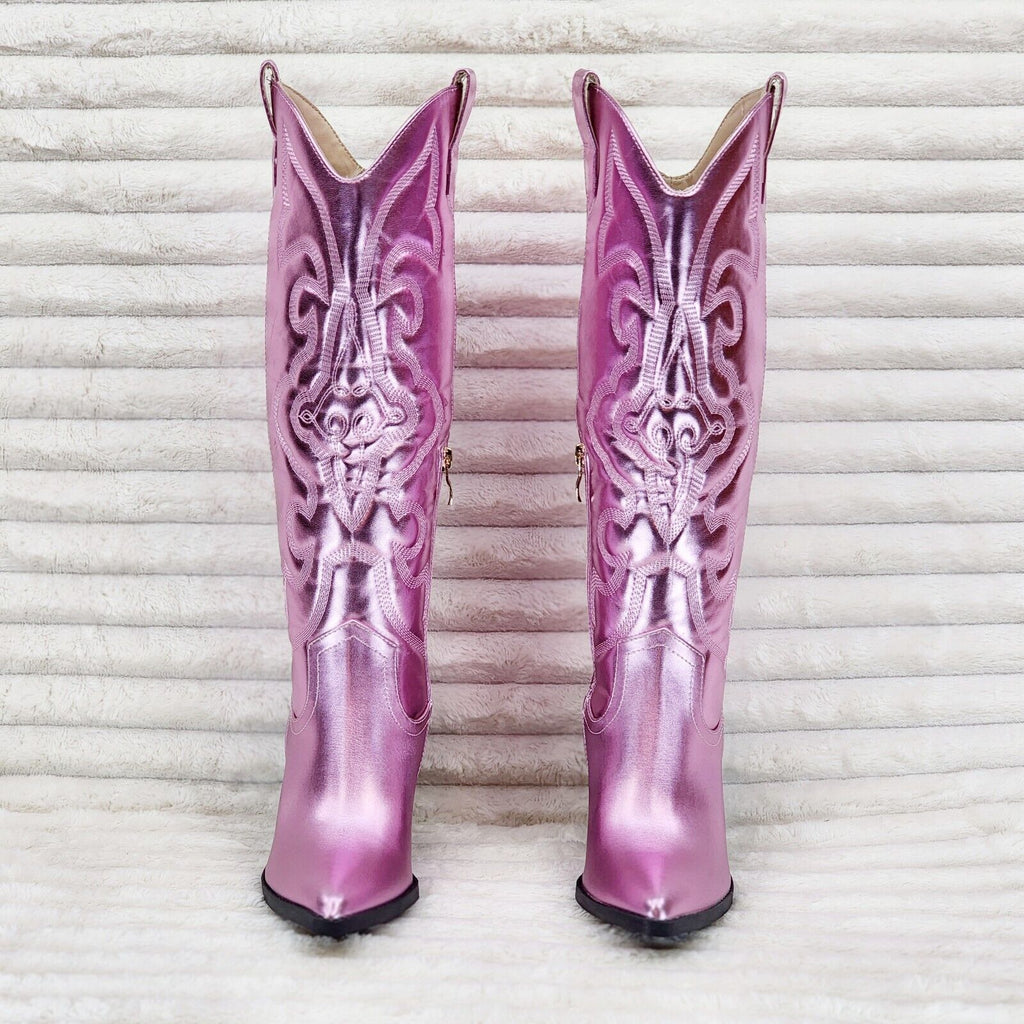 Electric Cowboy Brush Metallic Matte Western Knee High Cowgirl Boots Baby Pink - Totally Wicked Footwear