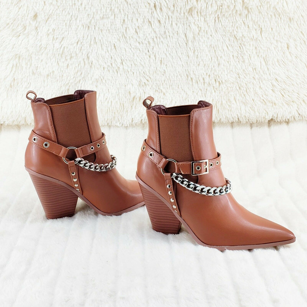 Dimitri Western Chain Strap Cowboy / Cowgirl Pull Ankle Boots Tan 6-11 - Totally Wicked Footwear