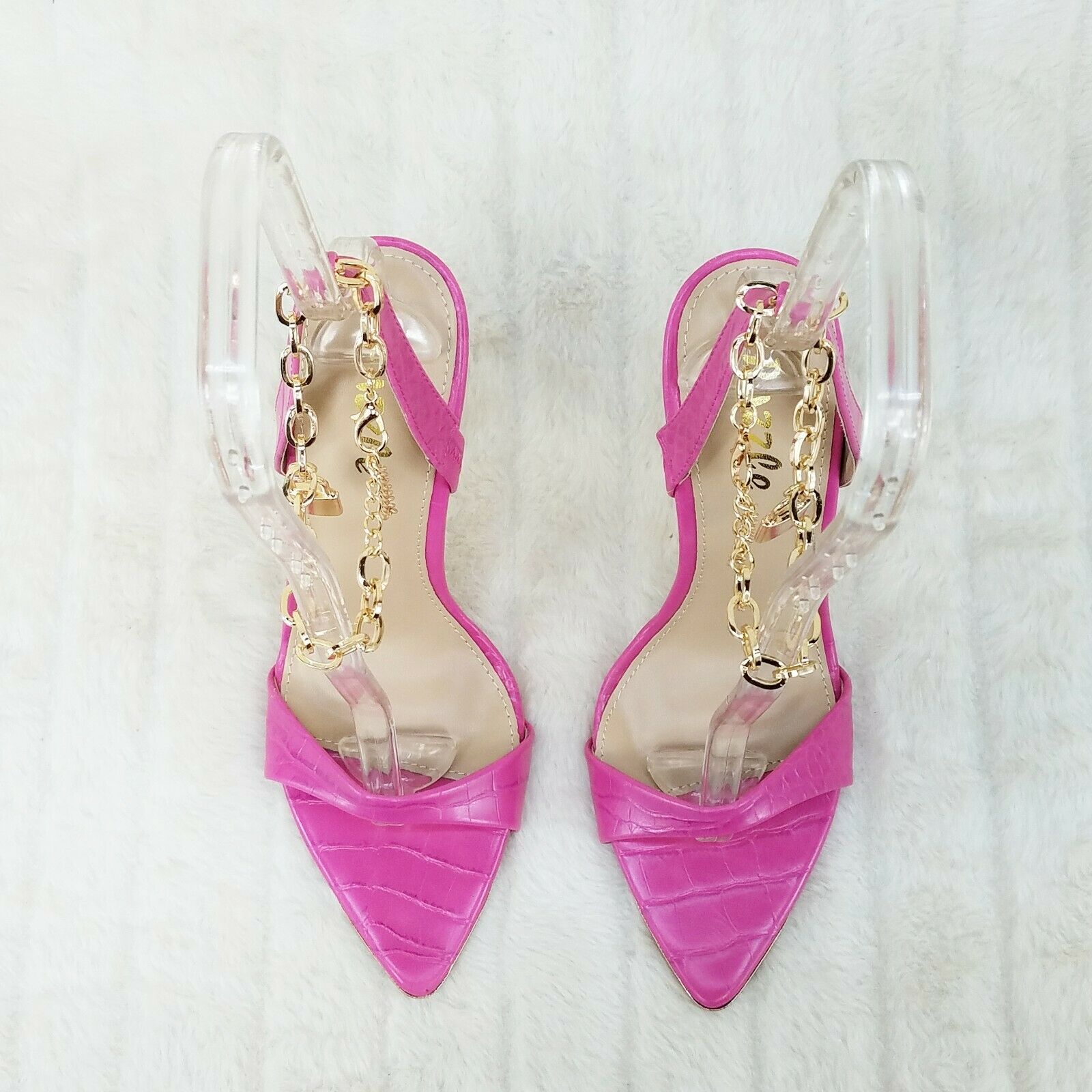 Nicely Pad Lock Chain Strap High Heels Metal Toe Tip Shoes Fuchsia Pink - Totally Wicked Footwear