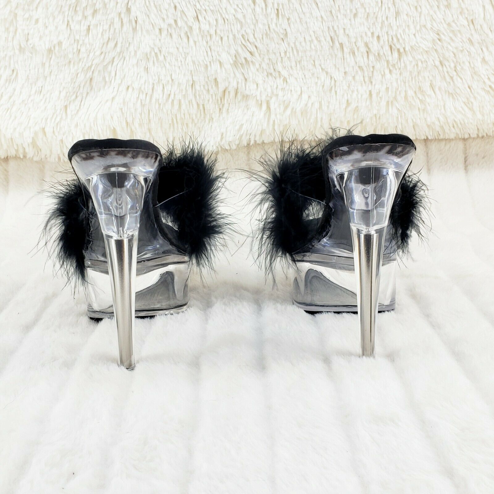 Maren Marabou Feather Slip On Platform Sandals 6" Stiletto Heel Shoes Black - Totally Wicked Footwear