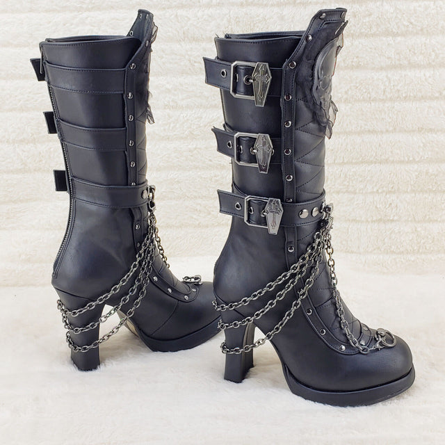 Crypto 67 Coffin Skull & Chain Black Mid Calf Platform Heel Gothic Boots NY - Totally Wicked Footwear